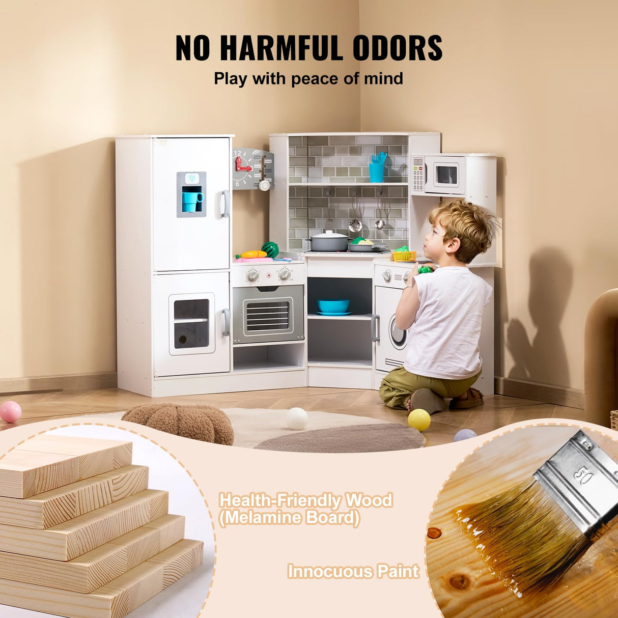 VEVOR Corner Wooden Play Kitchen, Toy Set with Lights and Sounds, Toddler Kitchen with Ice Maker, Oven, Sink, Clock, Microwaves, Refrigerator and Accessories, for Toddlers, Preschoolers, White VEVOR