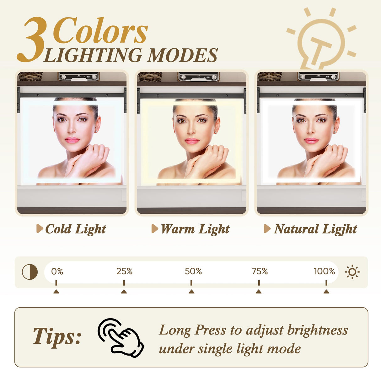 White Makeup Vanity Desk with Power Outlet 42"W Farmhouse Vanity Table with Sliding Mirror and Adjustable 3-Mode Lights Girls Dressing Table with Adjustable Shelves and Side Cabinet for Bedroom Algherohein