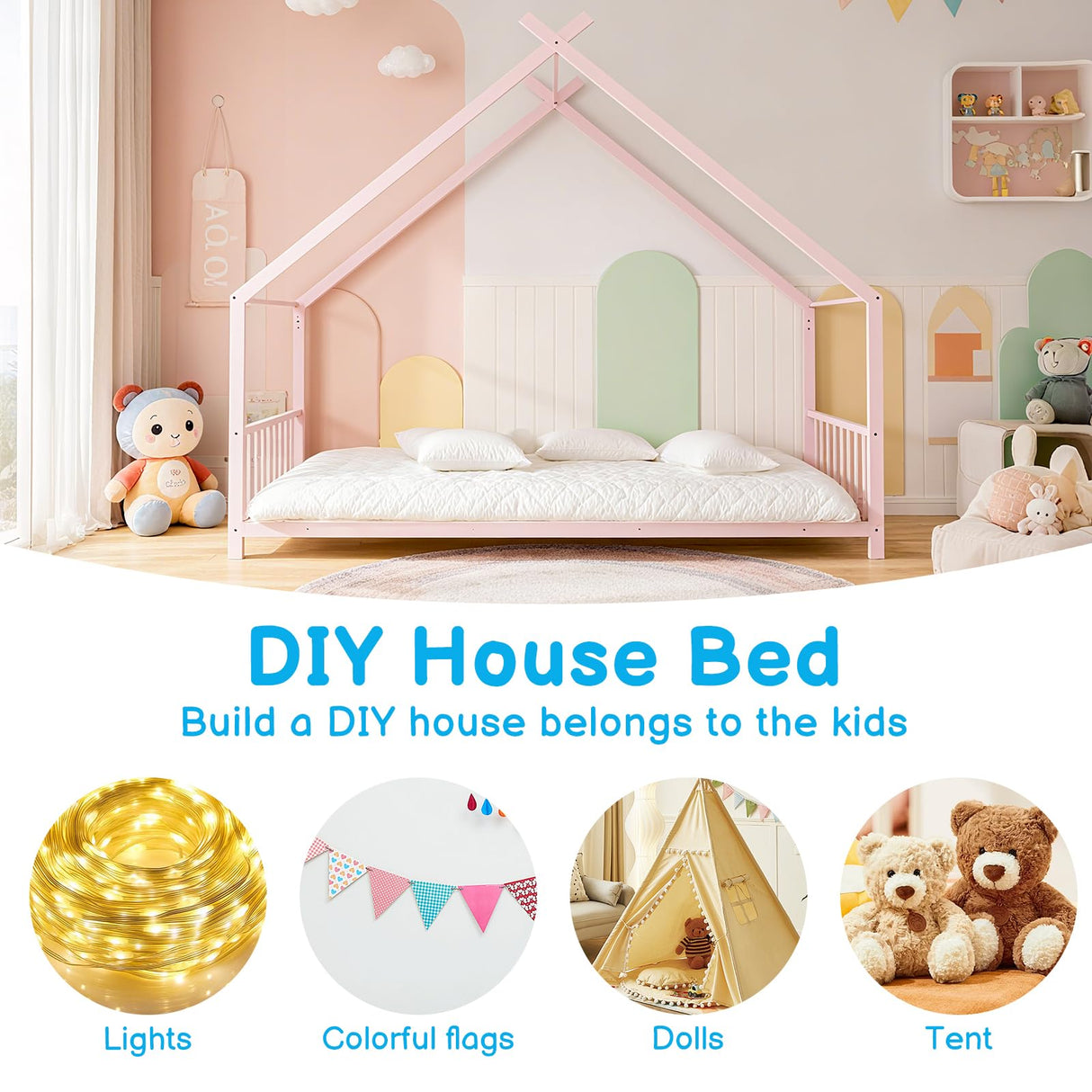 Karl home Twin Size Toddler Floor Bed, Metal Montessori Bed with Slats & Fence, Roof/House/Canopy Bed Frame for Girls, Boys, No Box Spring Needed, Pink Karl home