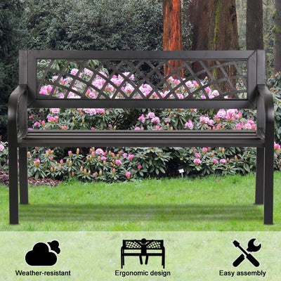 Dkeli Patio Outdoor Bench Park Metal Sturdy Cast Iron Garden Benches Porch Chair Seat Furniture with Armrests 480BLS Bearing Capacity for Park Yard Deck Entryway, Black