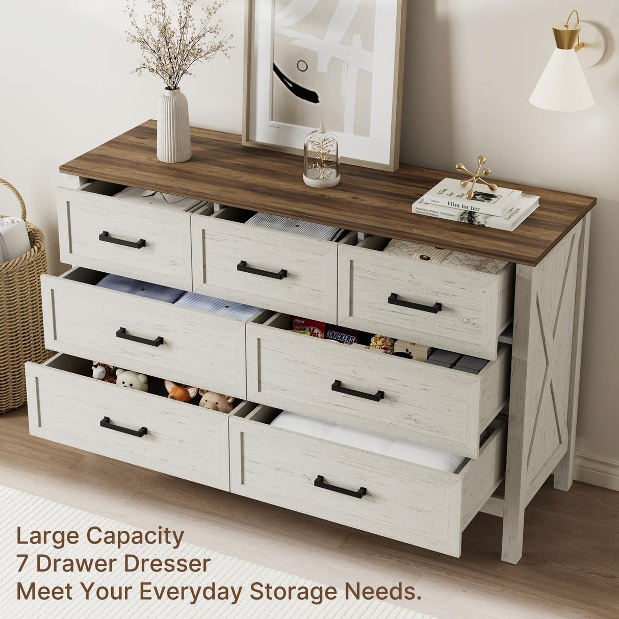 LYNSOM Farmhouse 7 Drawers Dresser for Bedroom, Wood Rustic Wide Chest of Drawers with Deep Drawers, Metal Handle, Storage Dressers Organizer for Entryway, Hallway, Antique White LYNSOM