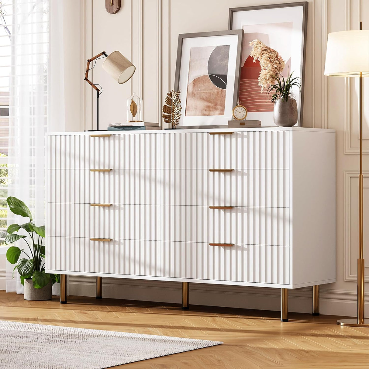 GarveeHome 8 Drawer Dresser for Bedroom, Fluted 55 in Wide Modern Chest of Drawers with Deep Drawers, Wooden Dresser Organizer for Living Room, Hallway, Kids Room, White GarveeHome