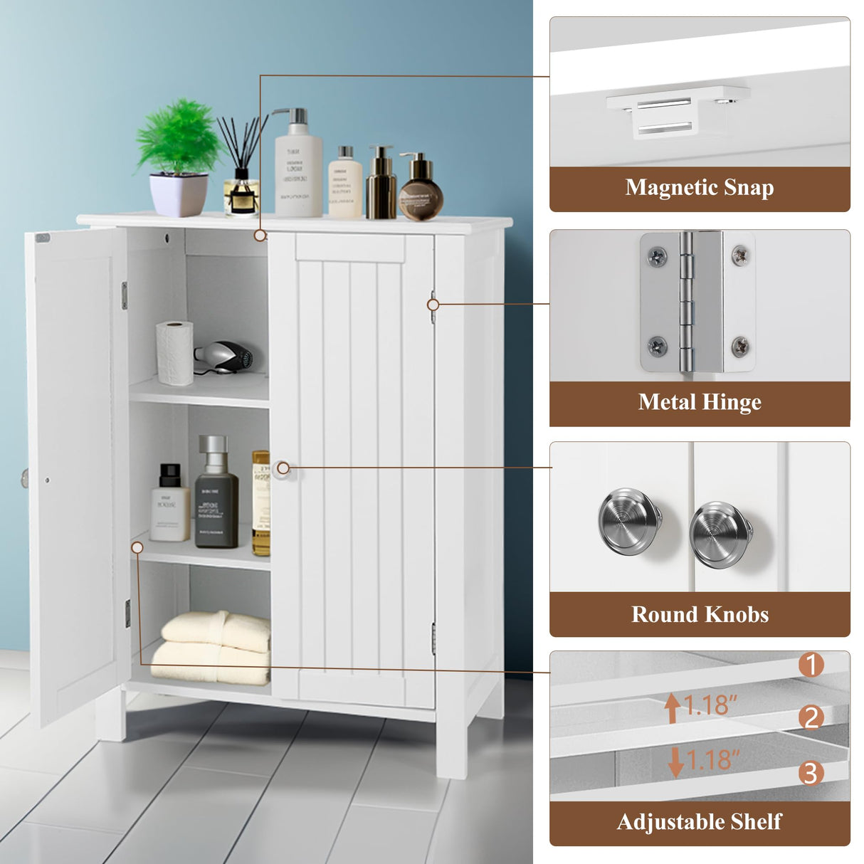 ZENY Bathroom Floor Storage Cabinet with Double Door + Adjustable Shelf, Wooden Organizer Cabinet for Living Room, Bathroom, Bedroom, Modern Home Furniture (White) ZENY