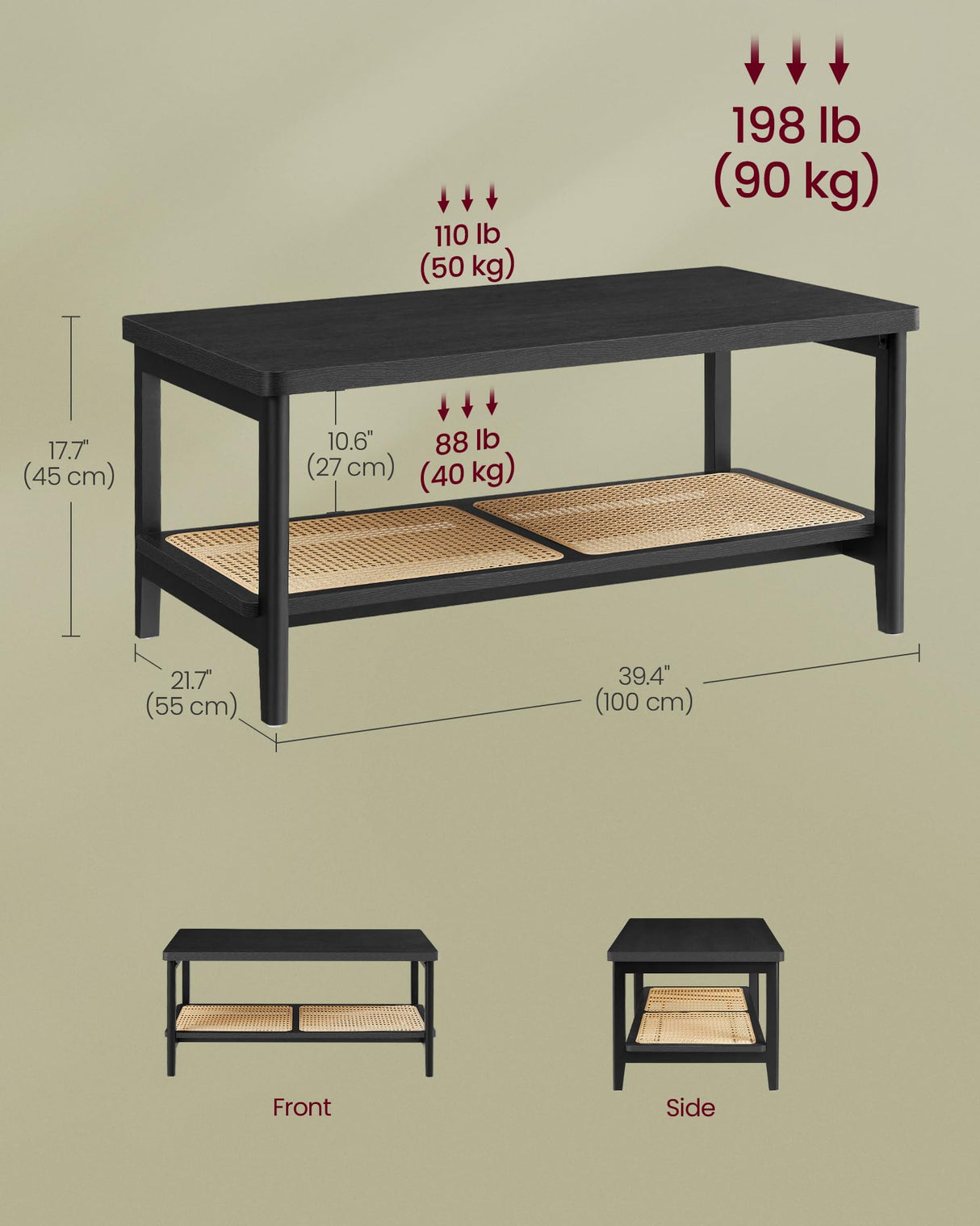 VASAGLE 2-Tier Coffee Table for Living Room, Living Room Table Rectangular Center Table, with PVC Rattan Storage Shelf, Rounded Corners, Easy Assembly, Boho Style, Ash Black ULCT240B21 VASAGLE