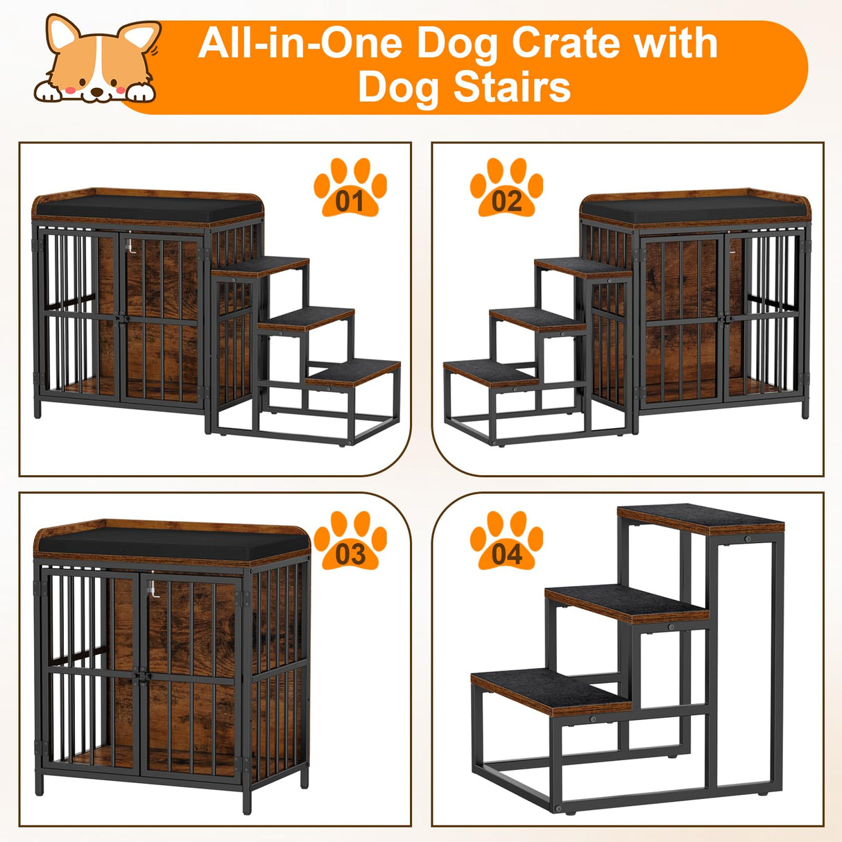 Snughome Dog Crate Furniture with Stairs, 41.73‘’ Wooden Dog Kennel Indoor with Double Doors, Furniture Style Dog Crate with Cushion for Dogs, Heavy Duty Dog Cage for Small/Medium Dogs, Rustic Brown Snughome