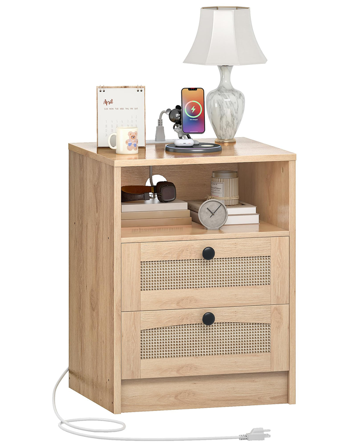 CHOEZON Rattan Nightstand, Boho Side Table, Bedside Table with Charging Station and 2 Drawers, Engineered Wood End Table, for Bedroom, Study, Natural MBZ07UNL CHOEZON