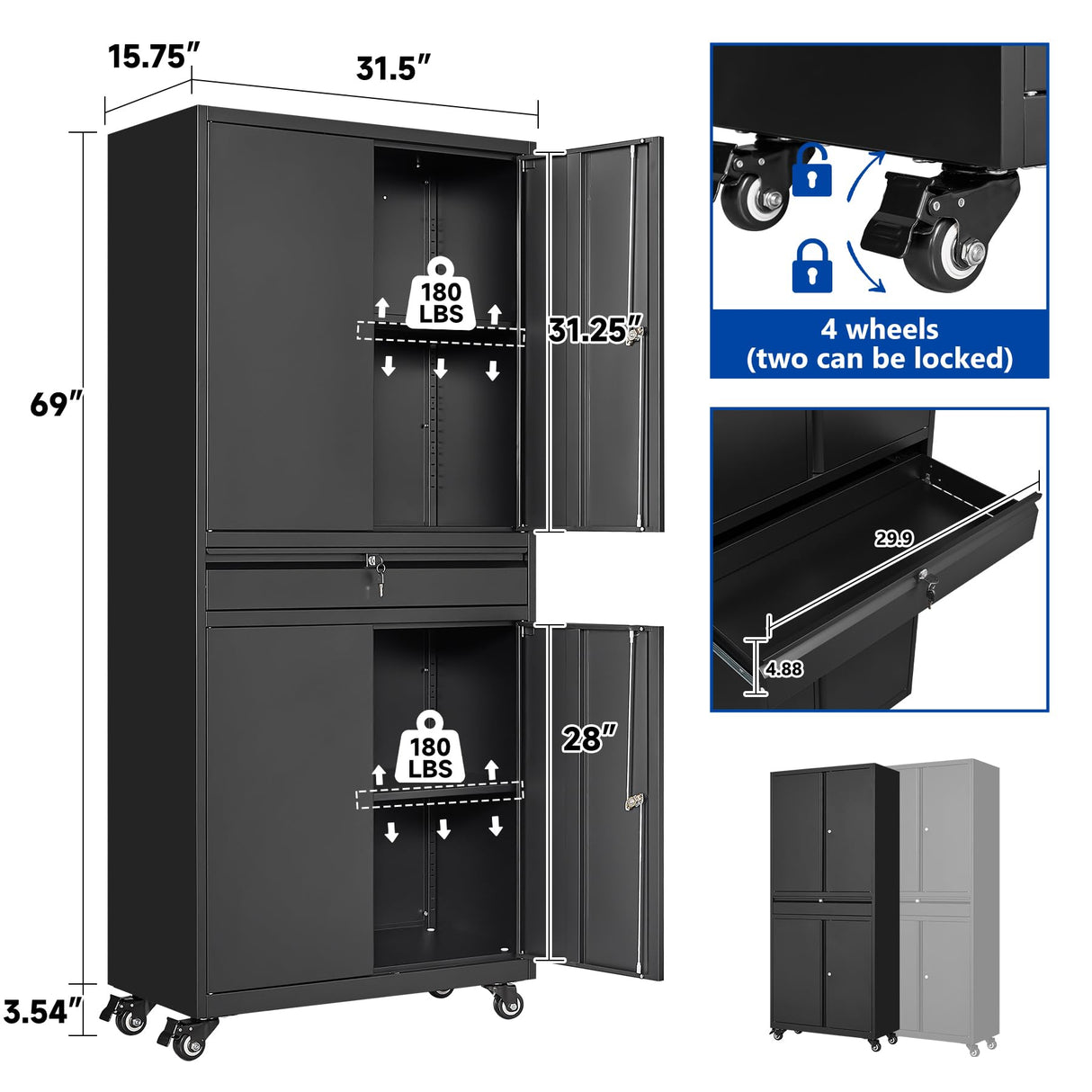 BYNSOE Metal Storage Cabinet with Wheels Metal Garage Cabinet with Adjustable Shelves Tool Storage Cabinet with 1drawer Steel Locker Cabinet with Lock for Home Garage (Black-73 4 casters) BYNSOE