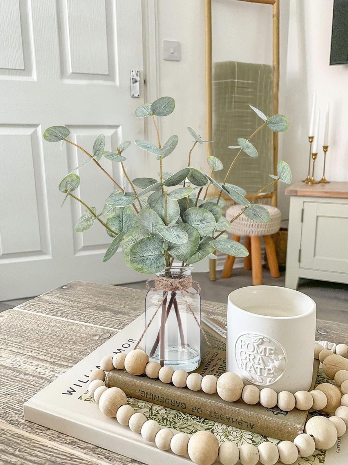 Bessol Artificial Eucalyptus Stems in Glass Vase with Faux Water, 13.5” Fake Plants for Home Decor, Coffee Table Centerpieces, Office, Bathroom & Farmhouse Weddings - Faux Greenery Plants Decorations Bessol