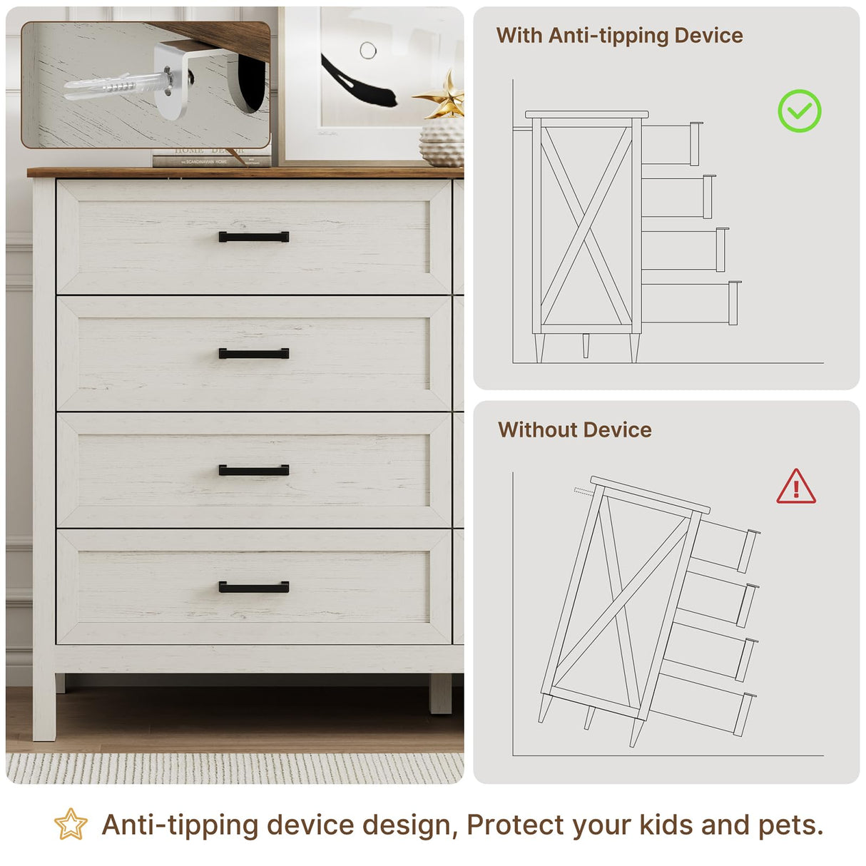 LYNSOM Farmhouse 8 Drawer Dresser for Bedroom, 55 Inch Wide Wood Rustic Chest of Drawers with X-Marking & Bar Handle, Large Storage Dressers Organizer for Bedroom, Living Room, Antique White LYNSOM