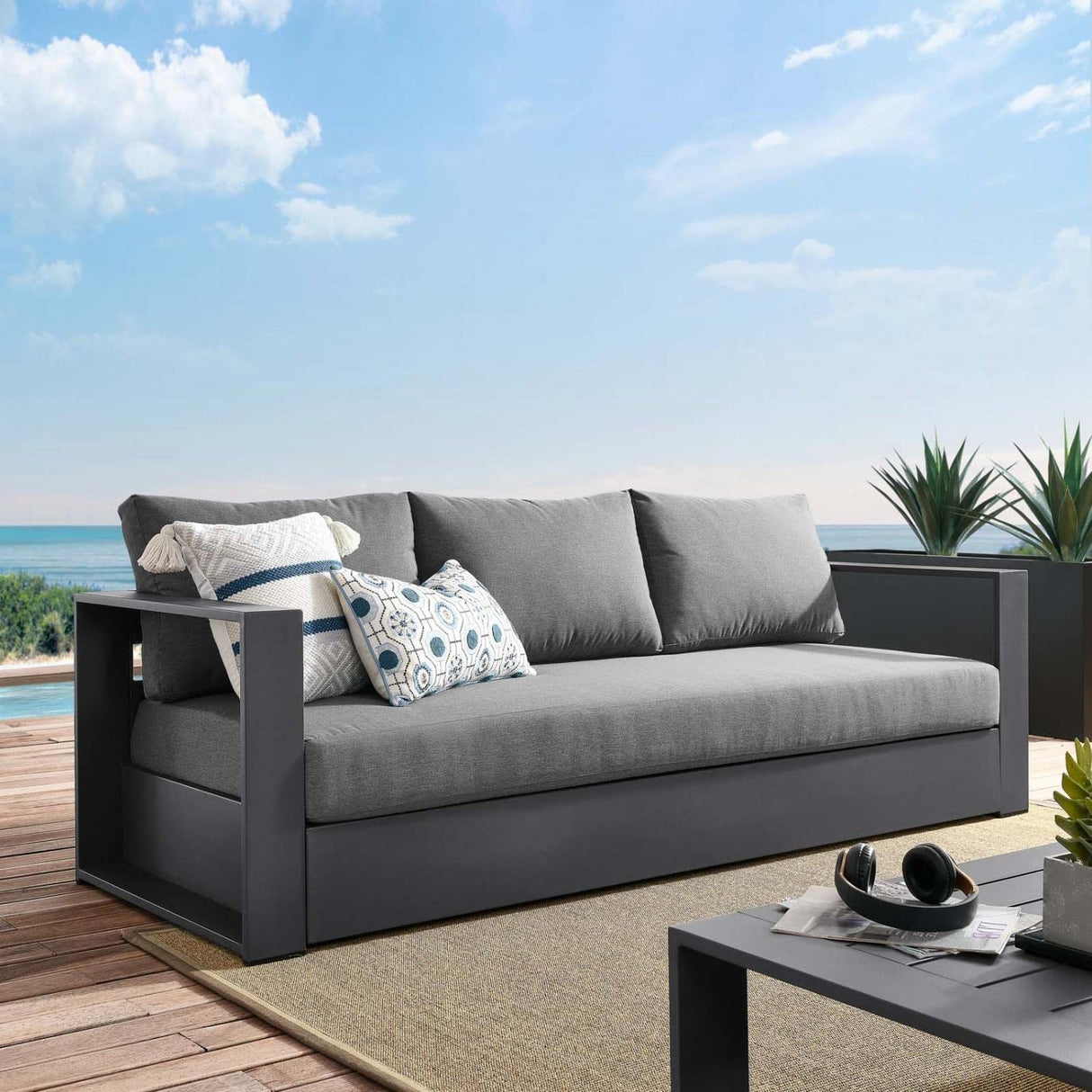 Modway Tahoe Aluminum Outdoor Patio Sofa in Gray Charcoal Modway