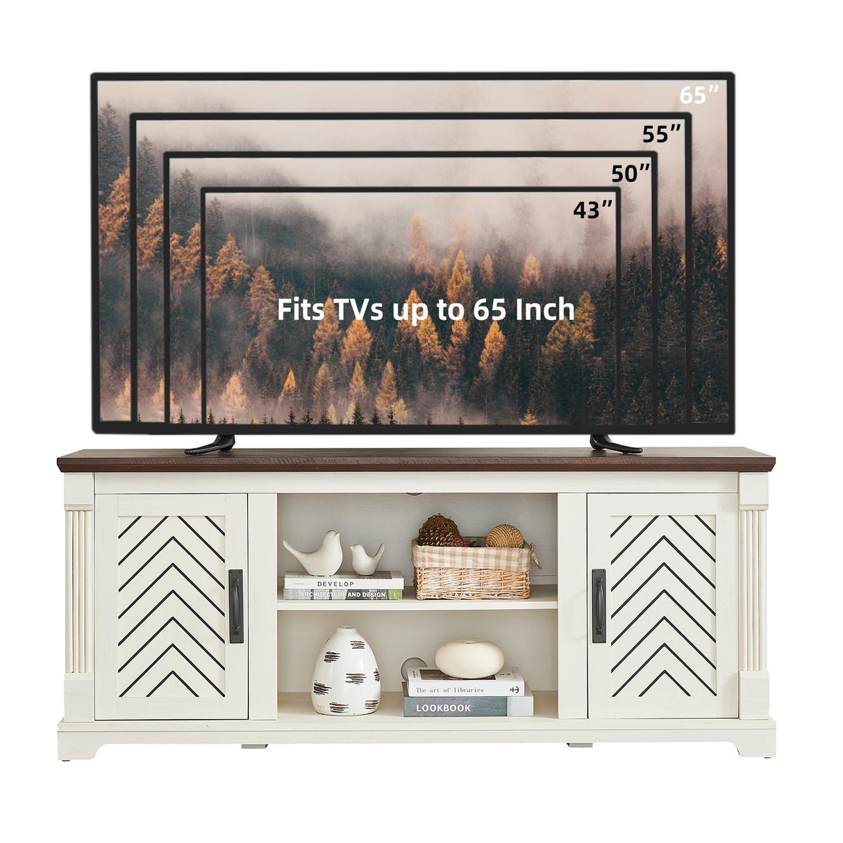 Minifeel Farmhouse TV Stand for 65+ Inch TV, 25" Tall Entertainment Center with Barn Door, Rustic TV Stands for Bedroom with Adjustable Shelf, Wooden TV Consoles for Living Room, Antique White Minifeel