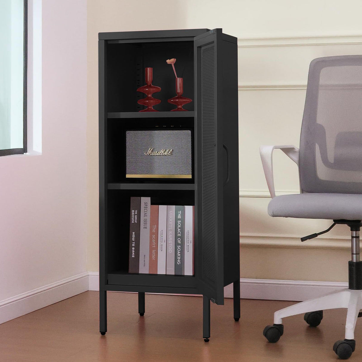 Slim Metal Storage Cabinet with Mesh Doors - 42'' Tall Narrow Organizer Tower, Compact Freestanding Cabinet, Versatile Utility Storage for Home, Office, Bedroom, or Kitchen, Durable and Modern Design ALBAD