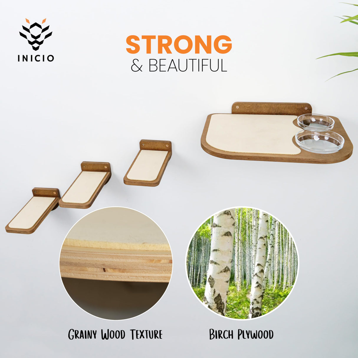 INICIO Cat Wall Shelves – Dog Proof Feeding Station with Wall Mounted Shelves, Durable 3 Step Birch Floating Shelf for Cats Up to 17lbs, Includes Attached Cat Food Bowl for Convenient Feeding – Brown INICIO