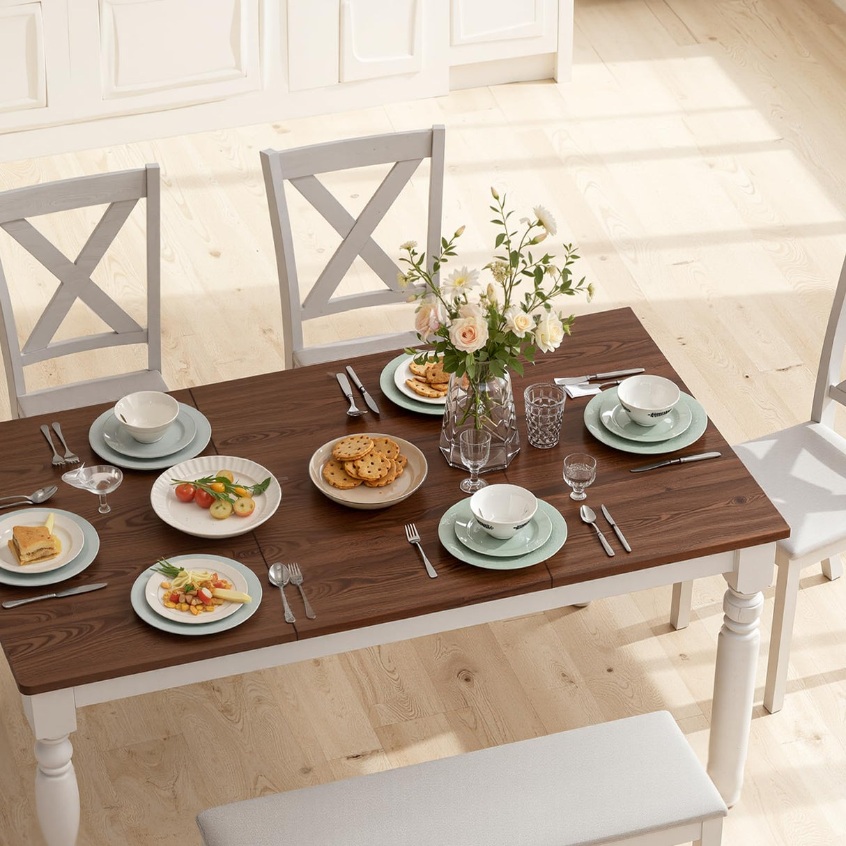 HOPETANA 6-Piece Dining Room Set - Rectangular Solid Elm Wood Table with Bench & Upholstered Chairs, White/Brown HOPETANA