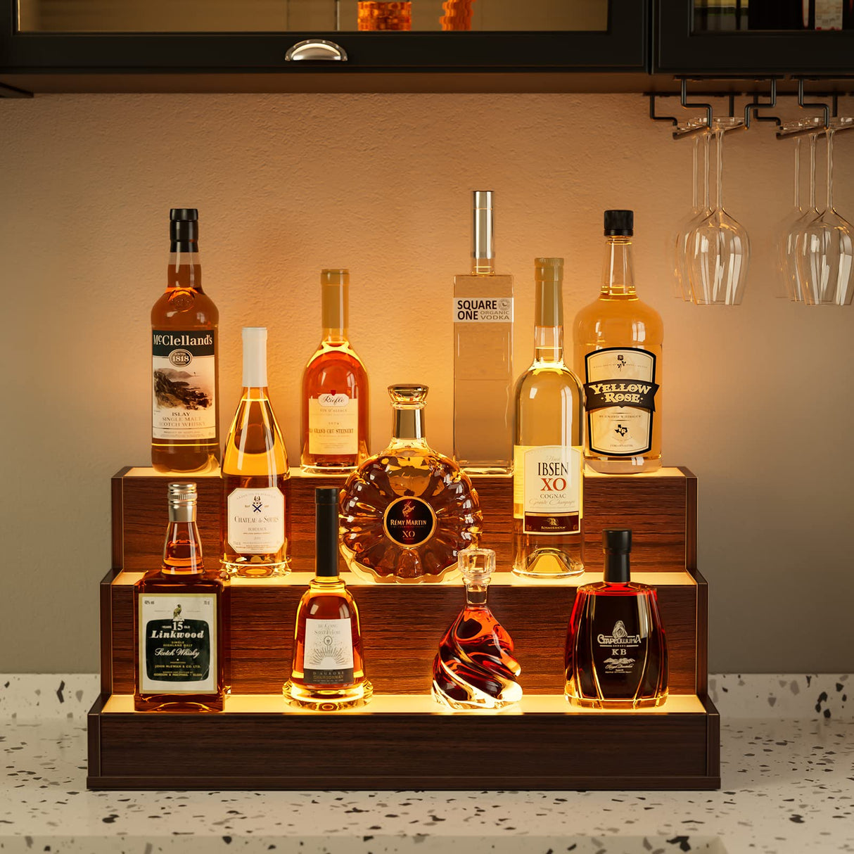 Cubehom LED Lighted Liquor Bottle Display Shelf, 24 Inch Bar Display Shelf with App & Remote Control 3 Tier for Home Bar, Party, Walnut Cubehom