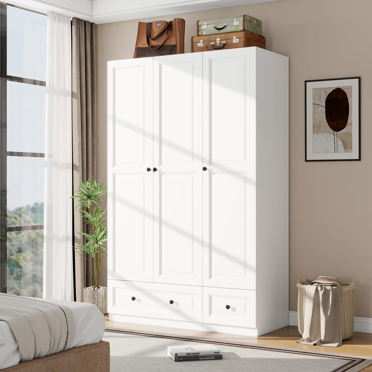 Vrmuxita Armoire Wardrobe Closet with Drawers: 74" White Tall Wooden Wardrobe Closet for Hanging Clothes, Large Bedroom Armoires with 2 Drawers, 3 Door Armoire Storage Cabinet (White, 47") Vrmuxita