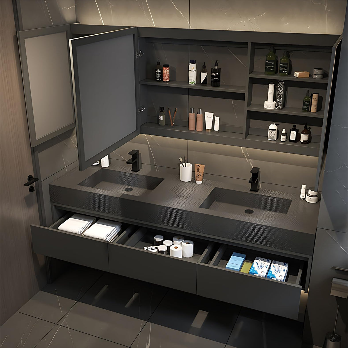 ZGNBSD Bathroom Vanity with Sink - Floating Bathroom Vanity | Wall Mount | Modern Bathroom Vanity with LED Smart Defogging Medicine Cabinet | Solid Wood Bathroom Vanity (Double Sink,60") ZGNBSD