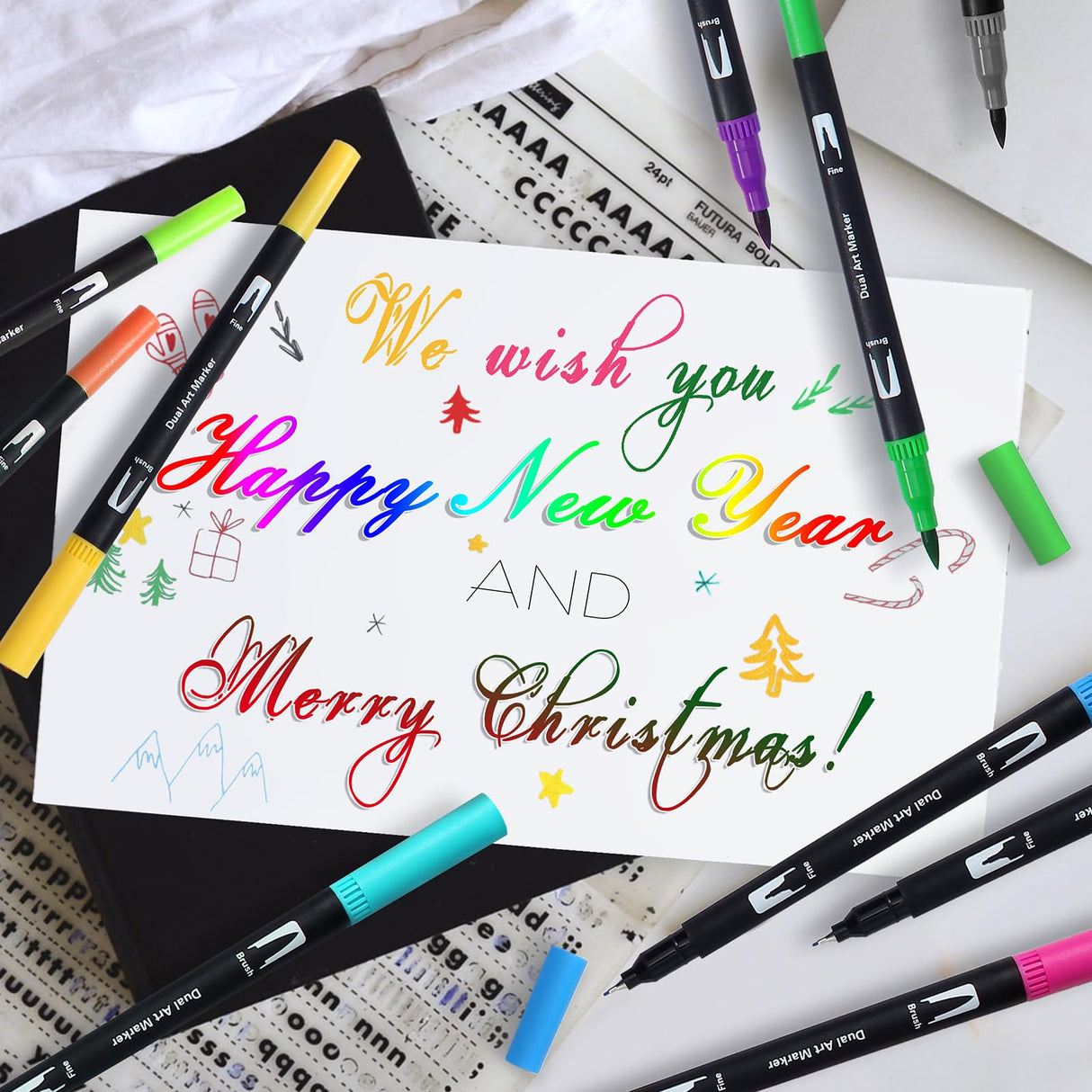 Peablce Art Markers Brush Pen, Markers for Adult Coloring Books No Bleeding,32 Colored Pens Fine Point Highlighter Pen & Brush for Adult Kids Coloring Journaling Note Taking Planner Peablce