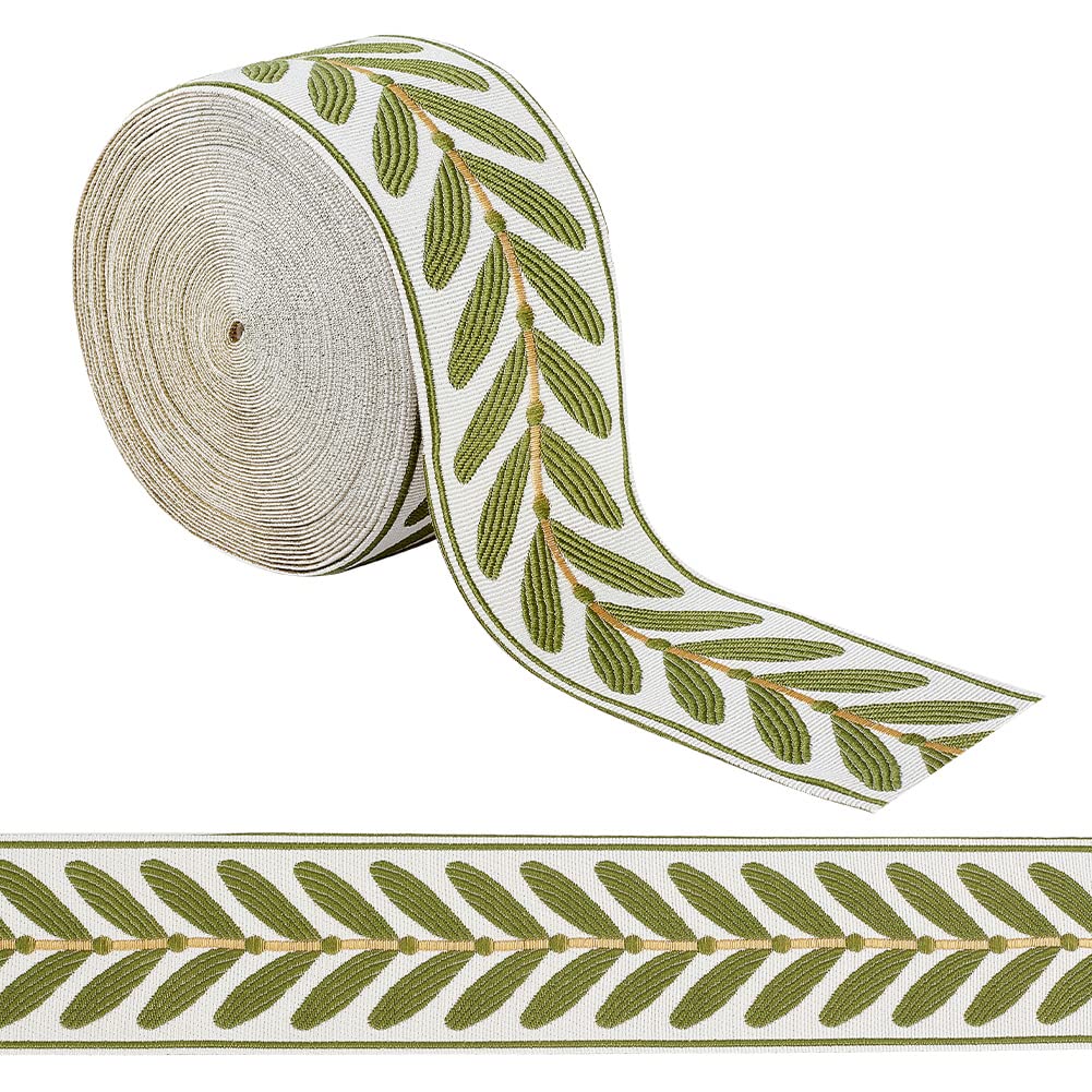 OLYCRAFT 10.9Yards Jacquard Ribbon Trim 2.4 Inch Leaf Pattern Jacquard Polyester Ribbons White Green Leaf Jacquard Woven Embroidery Trim for DIY Sewing Crafts Handmade Bag Belts Clothing Decoration OLYCRAFT