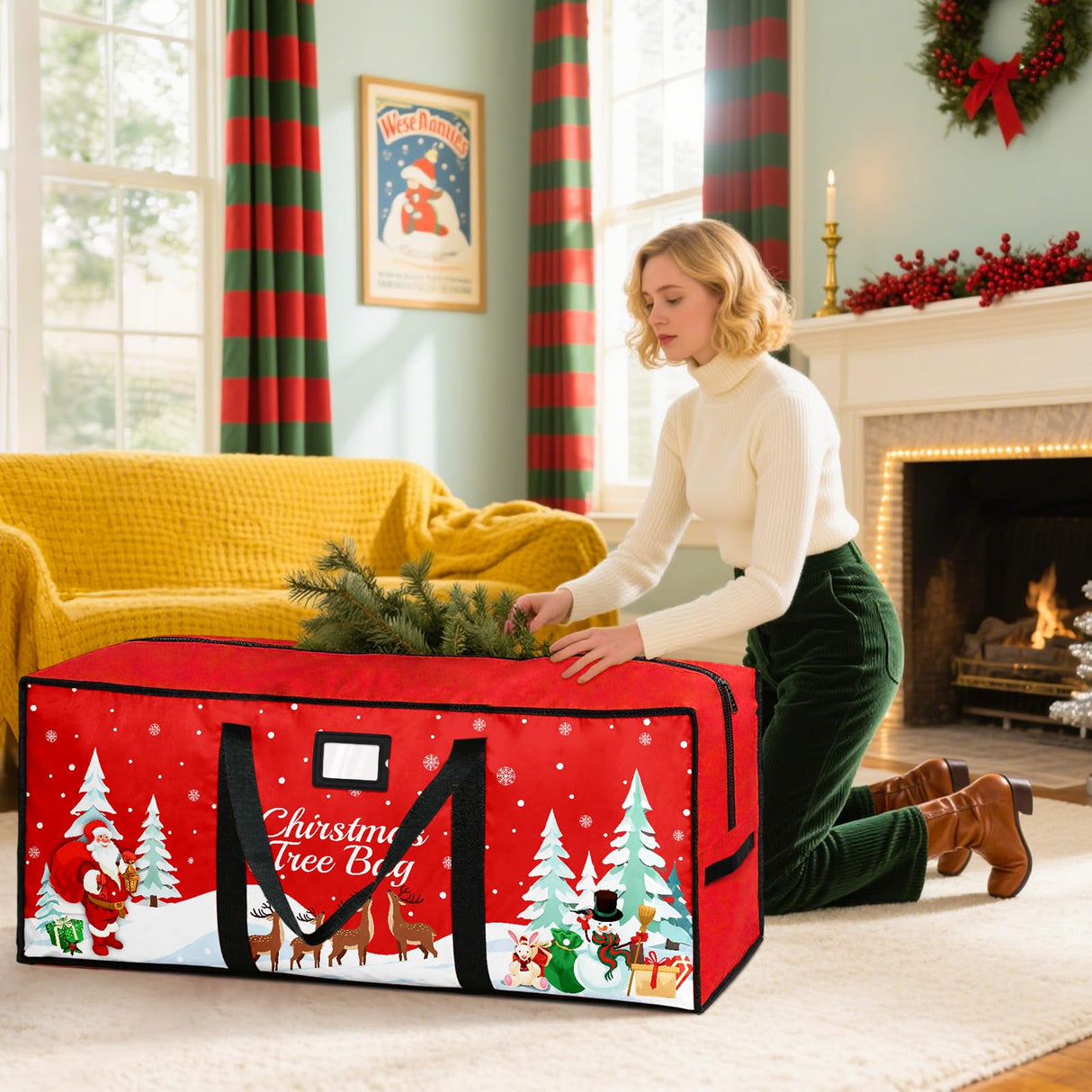 Christmas Tree Storage Bag, Fits Up 7.5 Ft Christmas Tree Durable 600D Oxford Holiday Storage Container with Wide Opening Dual Zippers (Reindeer) Stadupimry
