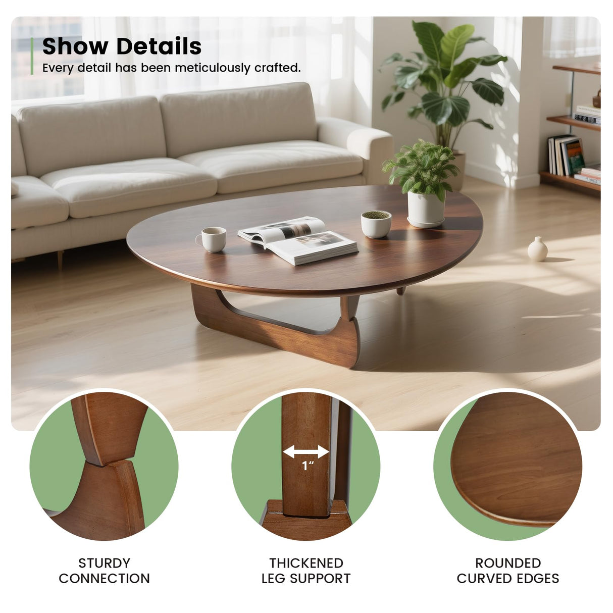 Solid Wooden Modern Triangle Coffee Table: Unique Funky Coffee Tables for Living Room, Oval Mid-Century Irregular Abstract Tea Tables for Patio Office Balcony Bedroom (Walnut, 33" L x 22" W x 16" H) YuUniqex