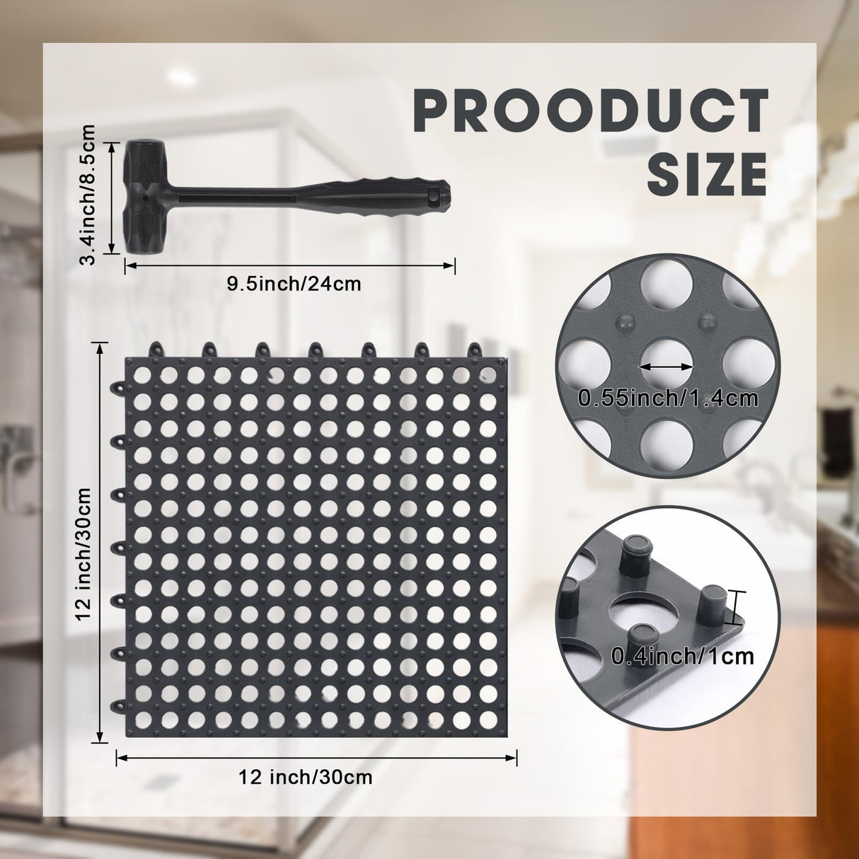 Drydiet 12 Pack Drainage Tiles Modular Interlocking Floor Tiles with 1 Pc Plastic Hammer 12" x 12" Cushion Mat Non Slip Rubber Floor Tiles with Holes for Pool Bathroom Deck Kitchen Patio (Black) Drydiet