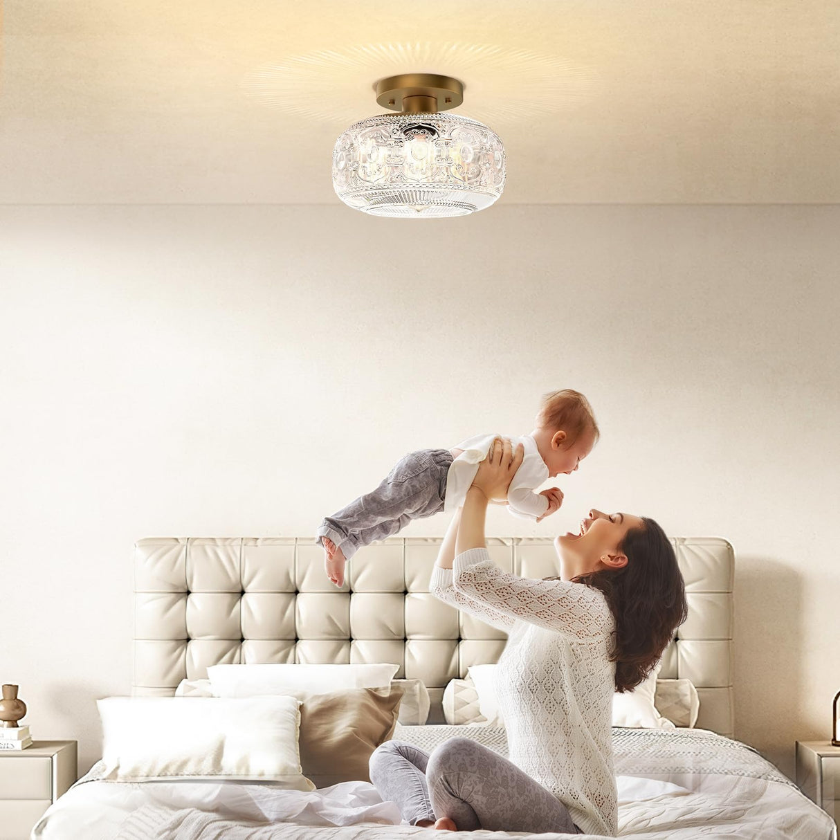 OYKYOHEI Semi Flush Mount Ceiling Light, Gold Vintage Kitchen Ceiling Light Fixture, Globe Glass Close to Crystal Modern Lighting for Hallway Bathroom Bedroom Porch Entryway, Bulb Not Included OYKYOHEI