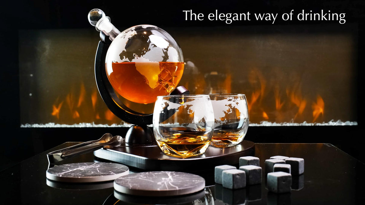 Whiskey Decanter Globe Set with 2 Etched Globe Whisky Glasses | Whiskey Stones, Ice Tong, Coasters, Funnel - Gifts for Men Dad, Husband - Liquor, Bourbon, Scotch, Vodka with a Wood Stand - 850ml Desired Cart