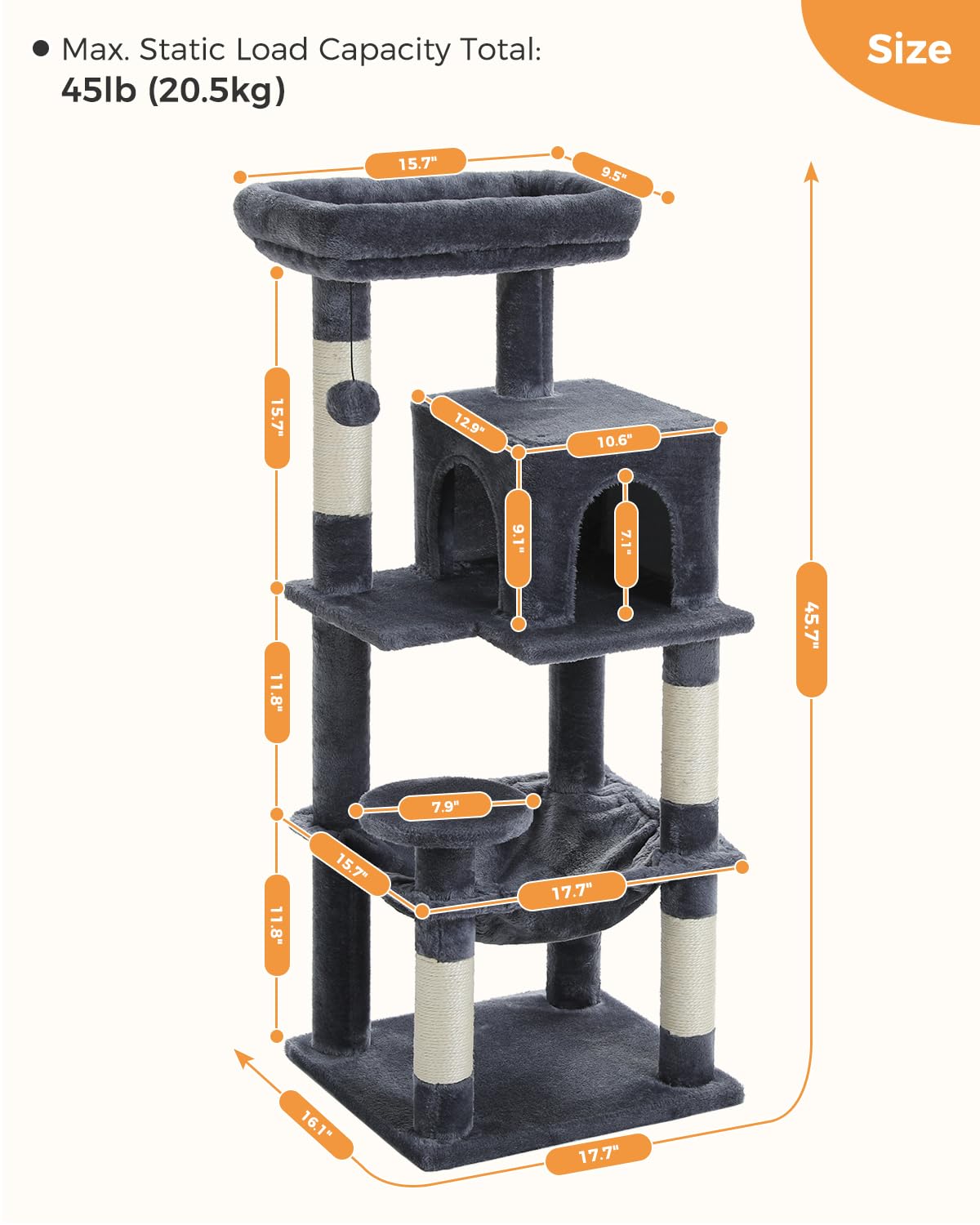 45.7" H Cat Tree Modern Wooden Cat Tower with Super LargeCat Condo and Hammock, 6 Tiers Cat Activity Center with Cat Scratching Post and Removable Soft Perches for Indoor Cats, Dark Grey BEROXII