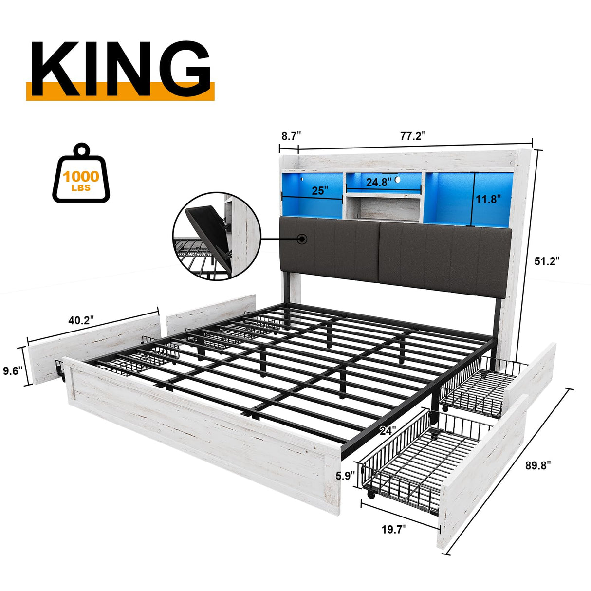 YUMPIE King Bed Frame with Bookcase Headboard, Farmhouse Upholstered Platform Bed with 4 Storage Drawers, LED Bed with Charging Station, Wood Slats Support, No Box Spring Needed, Distressed White YUMPIE