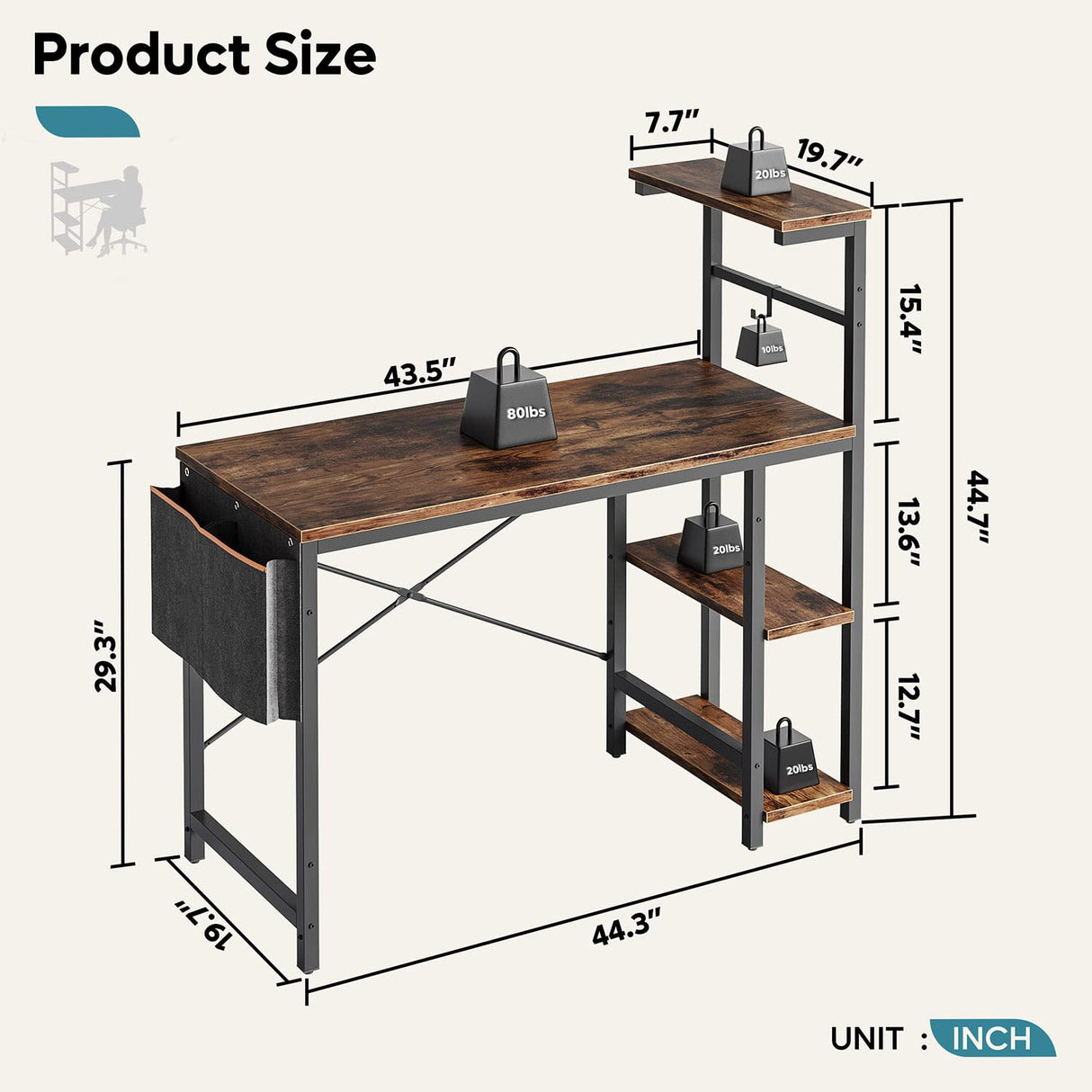Bestier Computer Desk with LED Lights, Gaming Desk with 4 Tier Shelves, 44 Inch Office Desk with Storage Bag & Printer Shelf (Rustic Brown) Bestier