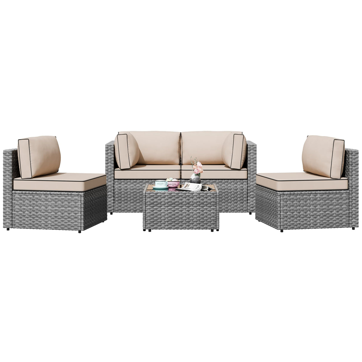 Shintenchi 5 Pieces Outdoor Patio Furniture Sets, Patio Sectional Sofa Couch, Gray PE Wicker Furniture Modular Patio Conversation Sets Patio Sofa with Washable Cushions & Table(Khaki) Shintenchi
