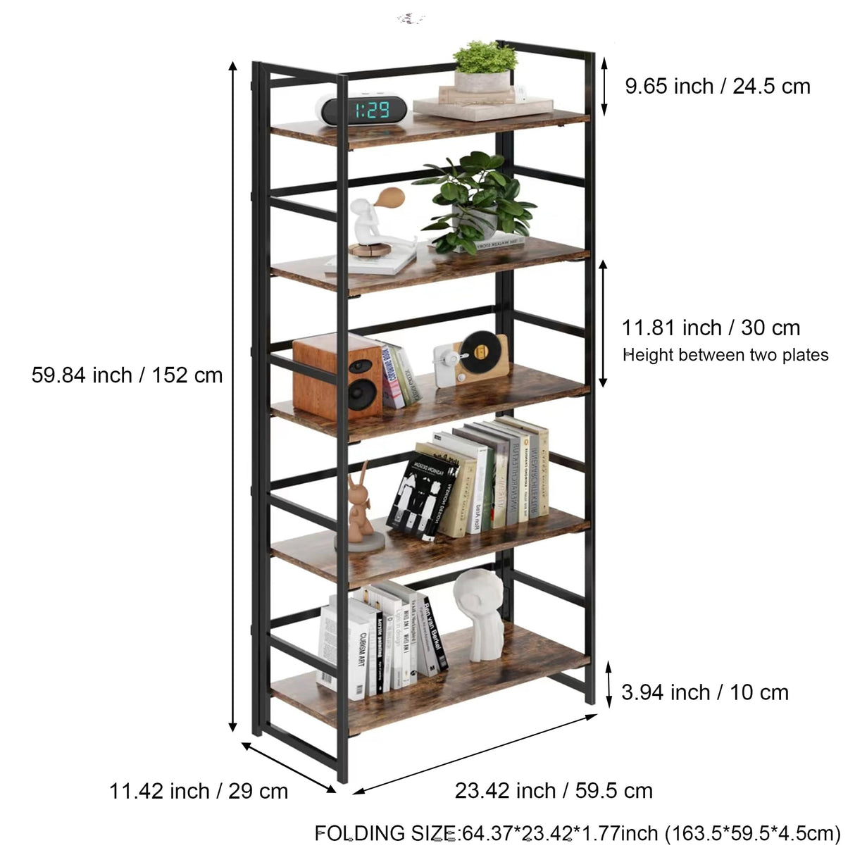 BHG Vintage Multifunctional Folding Bookshelf, No-Assembly Plant Stand Storage Rack Shelves for Home Office (Fire, 5-Tier)