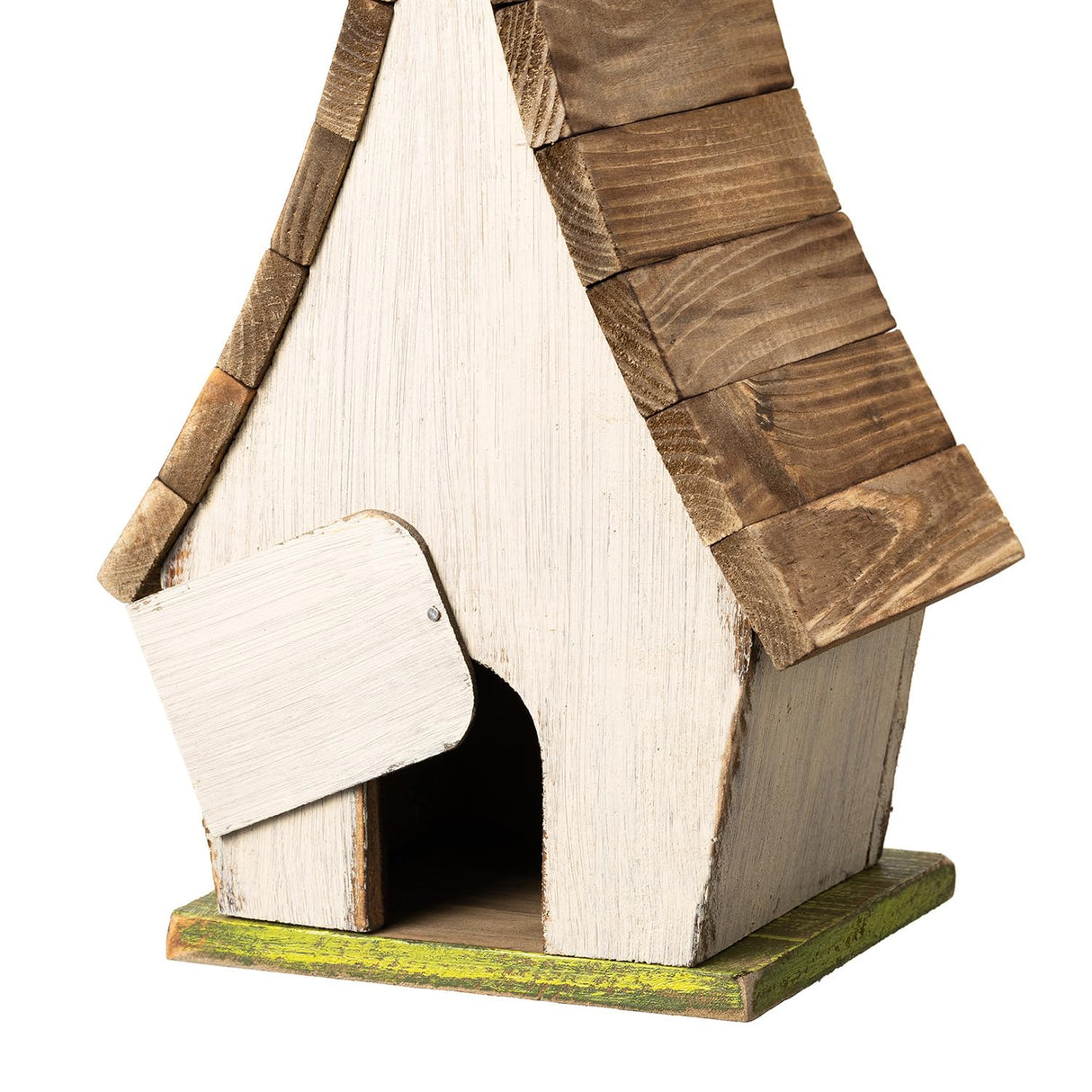 Glitzhome 9.5" H Hanging Bird House Distressed Solid Wood Decorative Outdoor Garden Birdhouse with Natural Wood Pallet Roof and 3D Tree,Washed White Glitzhome