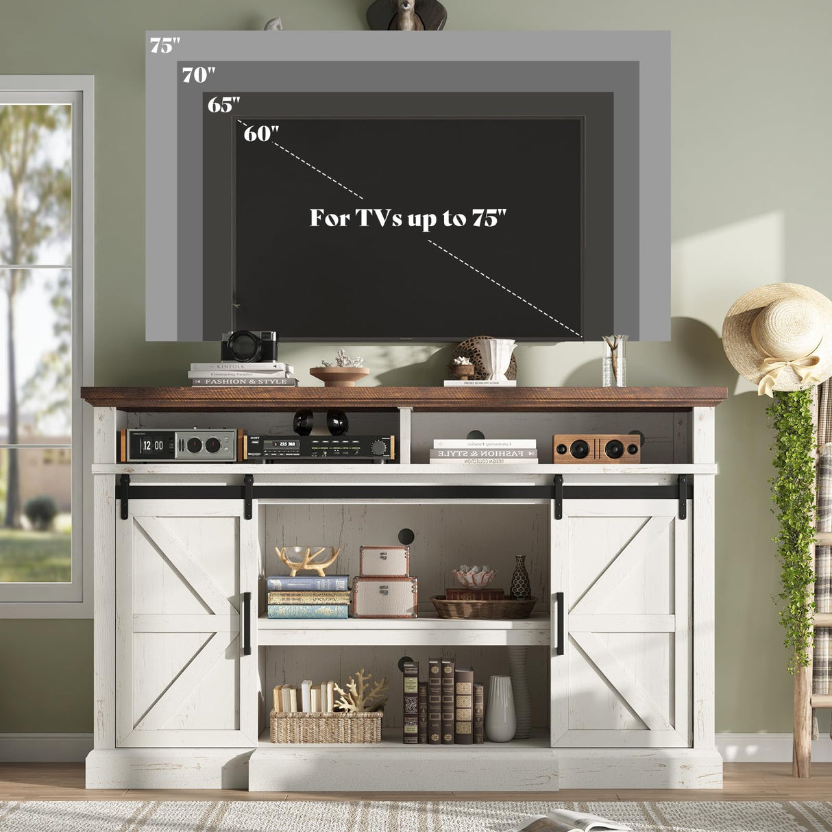 AMERLIFE 66" W Farmhouse TV Stand, Wood 40" H Tall Entertainment Center with Sliding Barn Door & Large Storage Shelves, Rustic Media Console for TVs up to 75", Distressed White AMERLIFE