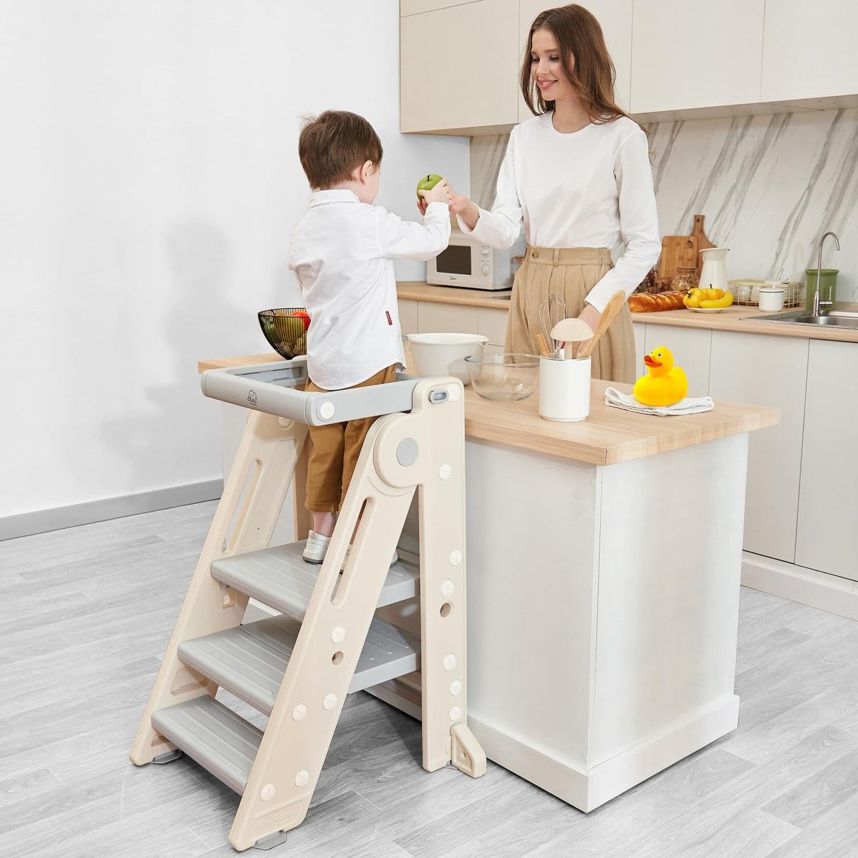 Forbena Foldable Toddler Tower Kitchen Learning Stool Helper, Montessori Kids Standing Tower for Counter, Collapsible Adjustable Baby Child Step Stool with Safety Net for Bathroom Sink (Grey) Forbena