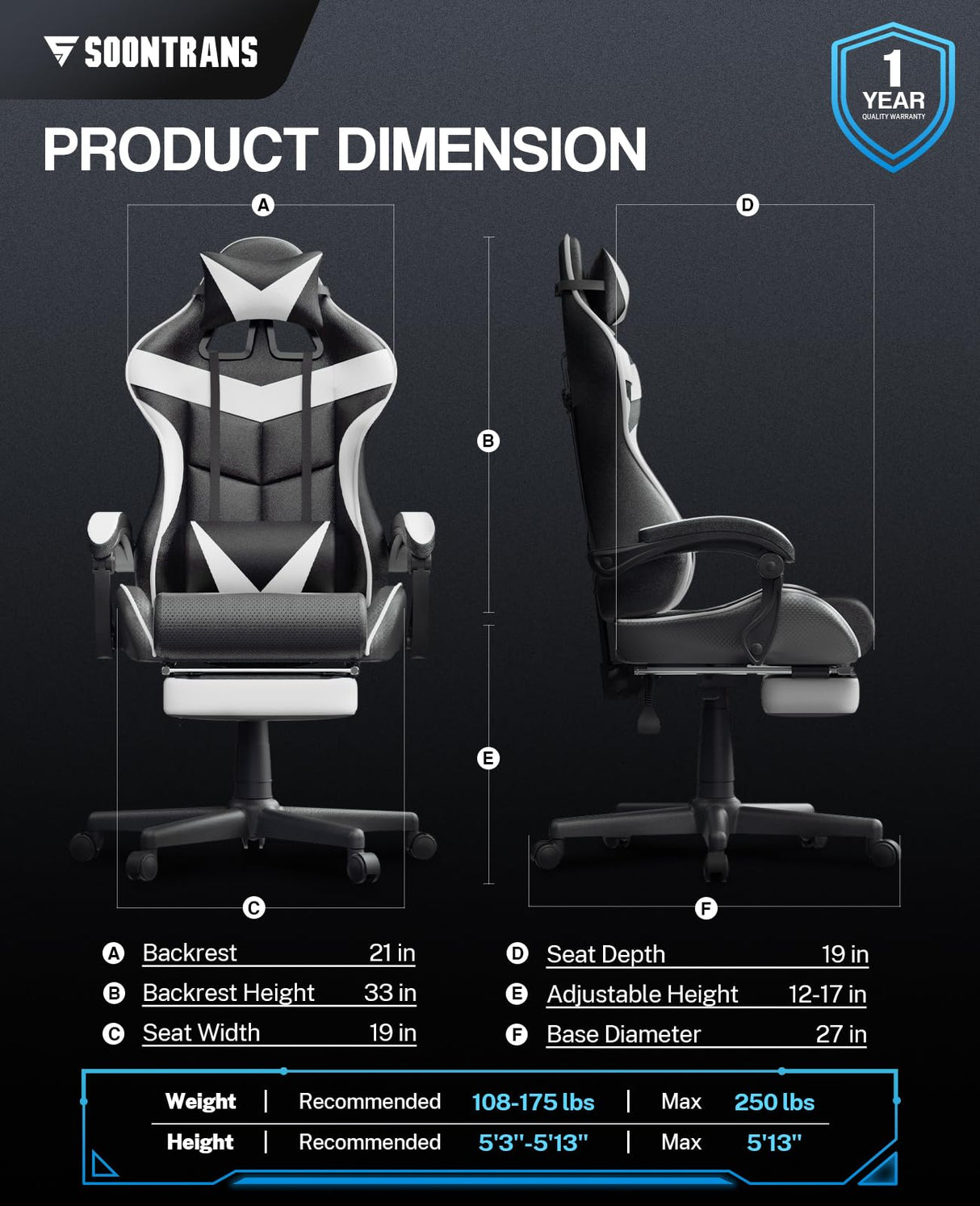 Soontrans White Gaming Chairs with Footrest, Video Game Chairs for Adults Teens,Ergonomic Gamer Chair with Headrest, Lumbar Support Adjustable Recliner Chair(Polar White) Soontrans