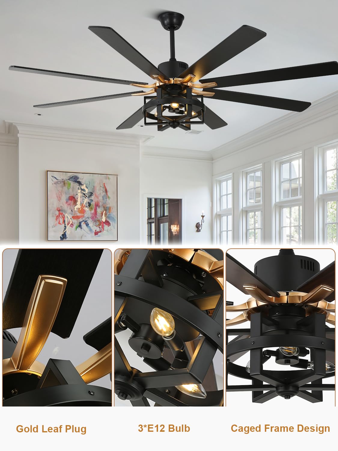 Curve Curio 65'' Black Ceiling Fan with Light, Large Industrial Ceiling Fans with Remote Control, 6-Speed Farmhouse Ceiling Fan with Remote for Bedroom Living Room (Black) Curve Curio