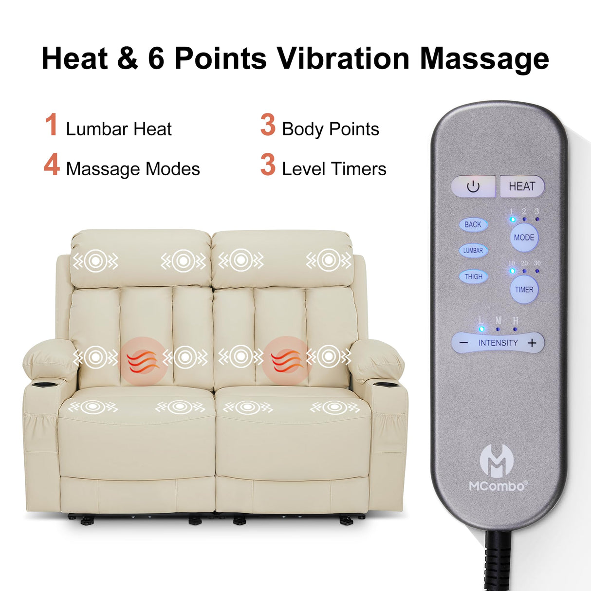 MCombo 61" Zero Gravity Power Loveseat Recliner with Heat and Vibration Massage, Reclining Loveseat Sofa with USB Ports, Cup Holders for Living Room, Faux Leather 6075 (Cream White) MCombo