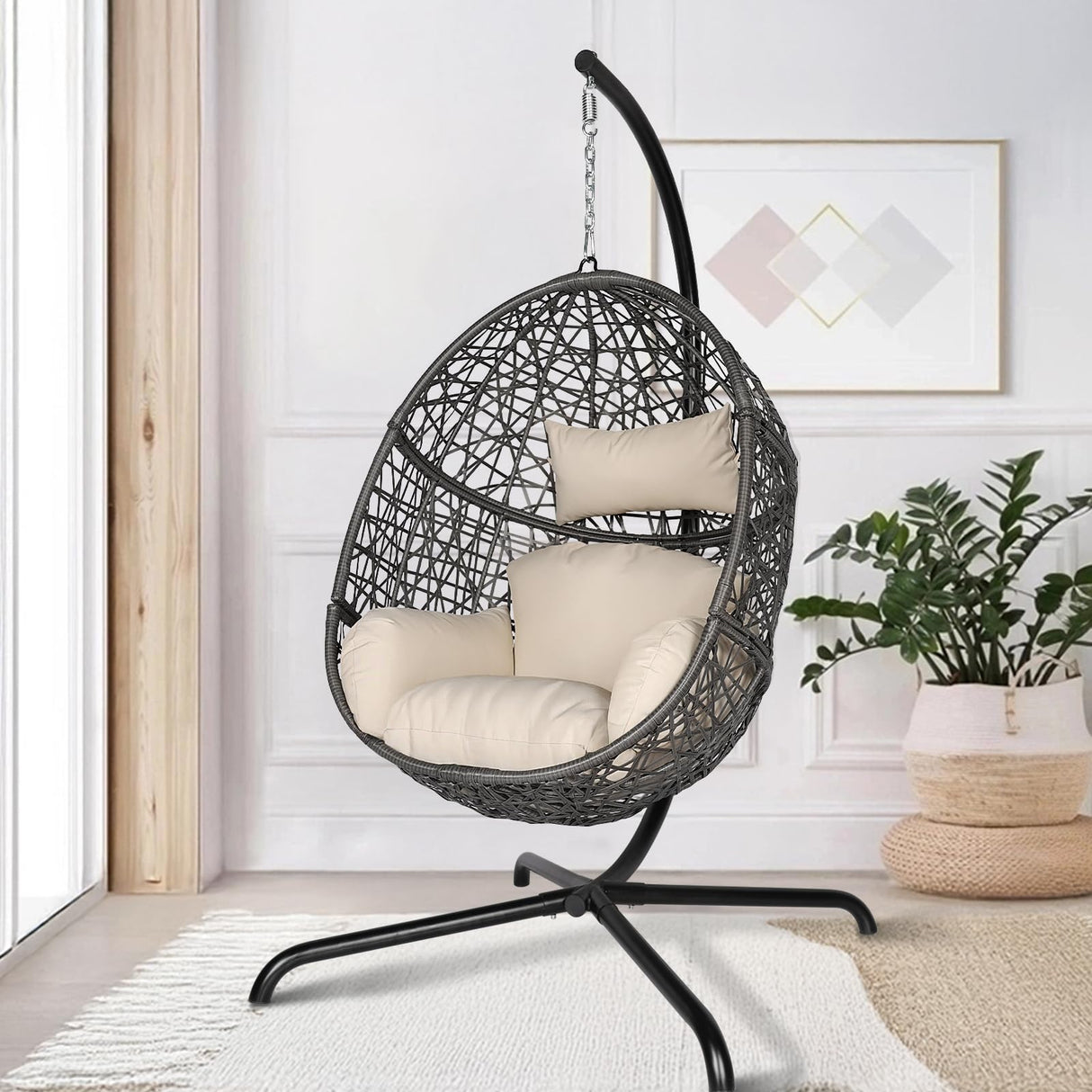 NICESOUL Oversized Patio Swing Egg Chair, Cozy Bird Cage Hanging Basket Chairs with Stand, Indoor Outdoor Large Rattan Swinging Chair, 450 lbs Sturdy Egg-Shape Padded Seat for Balcony Outside, Beige NICESOUL
