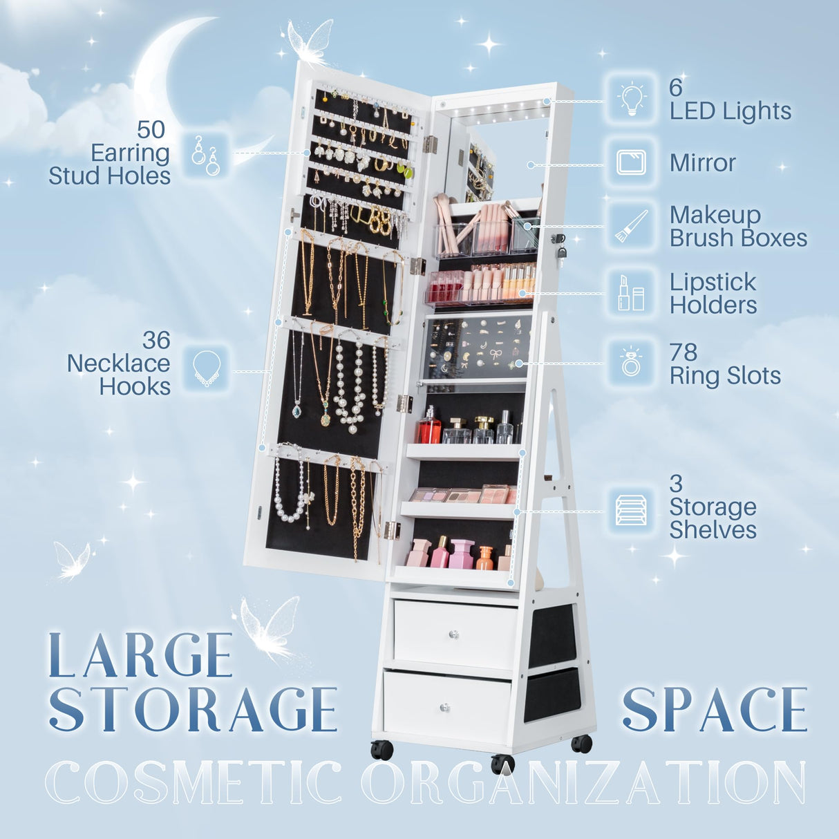 Furmax 360° Swivel Mirror Jewelry Cabinet with Lights, Full Length Mirror Jewelry Armoire Organizer, Standing Lockable Jewelry Storage Cabinet with 2 Drawers (White) Furmax