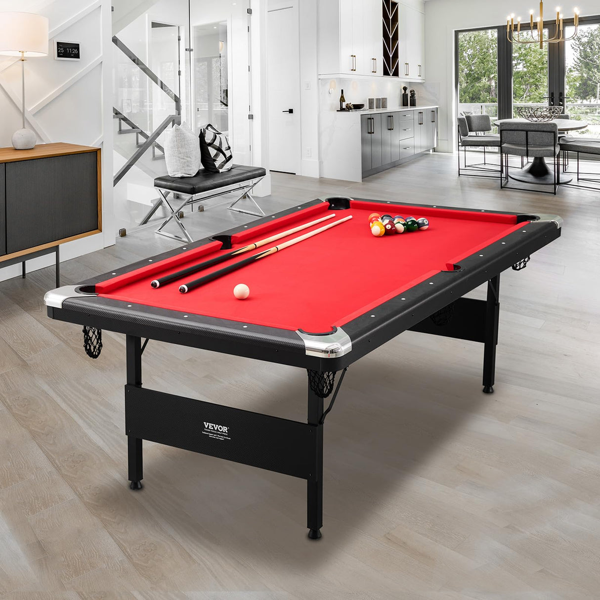 VEVOR Billiards Table, 7 ft Pool Table, Portable Foldable Space-Saving Table, Billiard Table Set includes Balls, Cues, Chalks and Brush, Black with Red Cloth, Perfect for Family Game Room Kids Adults VEVOR