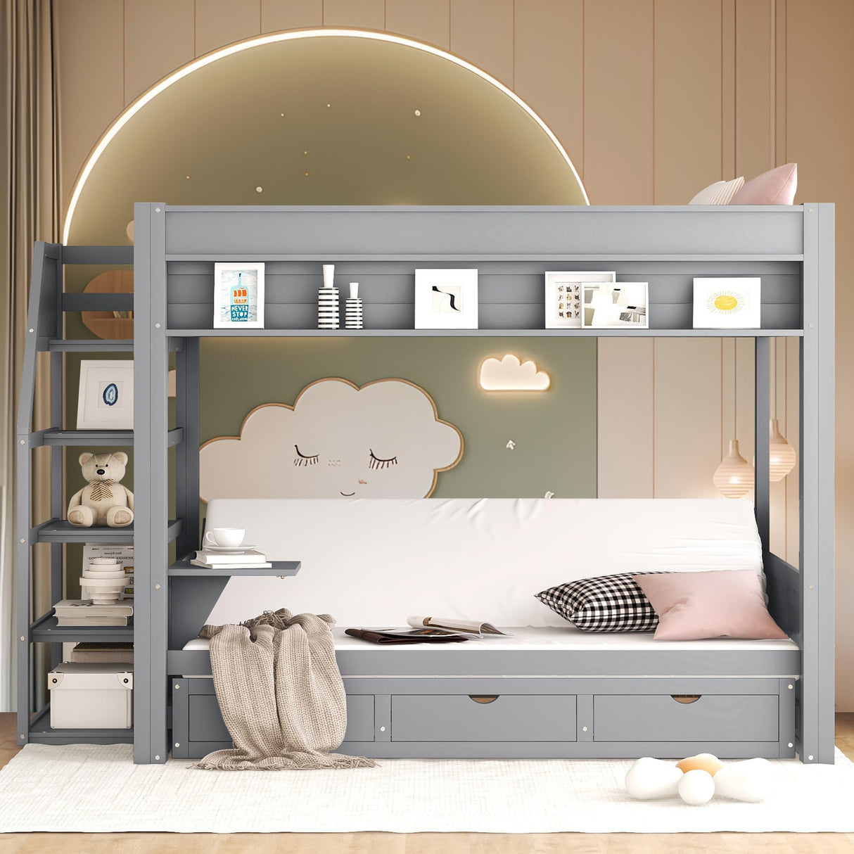 Full Over Full/Futon Bunk Bed with Storage Movable Stairs, Wood Bunkbed Full Size with 3 Drawers Convertible Couch Bed, Multi-functional Full Bed Frame for Kids Teens, No Box Spring Needed (Gray) CAPCAEK