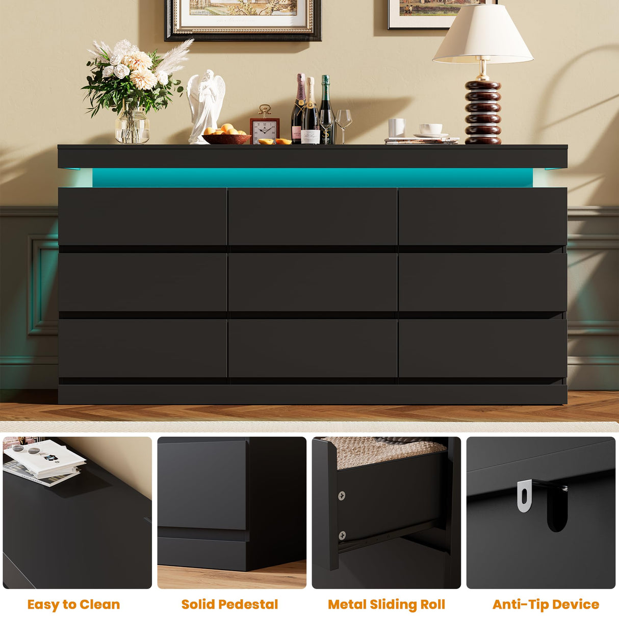 Garvee 9 Drawer Dresser for Bedroom - 63” Wide Chest of Drawers with LED Light and Charging Station, Large TV Stand Multi-Function Home Organizer for Living Room, Entryway, Hallway, Black Garvee