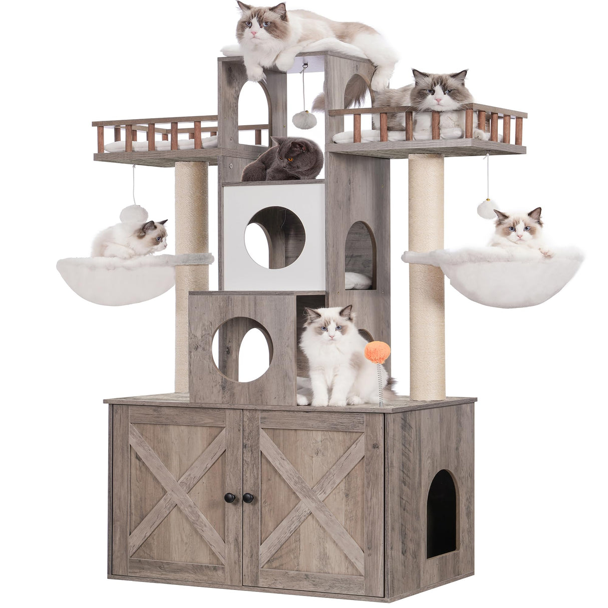 Heybly Cat Tree with Litter Box Enclosure for Indoor Big Cat, Cat Tower for Large Cats 20 lbs Heavy Duty, Modern Cat Condo Furniture with Scratching Posts, Rustic Gray HCT110SG Heybly