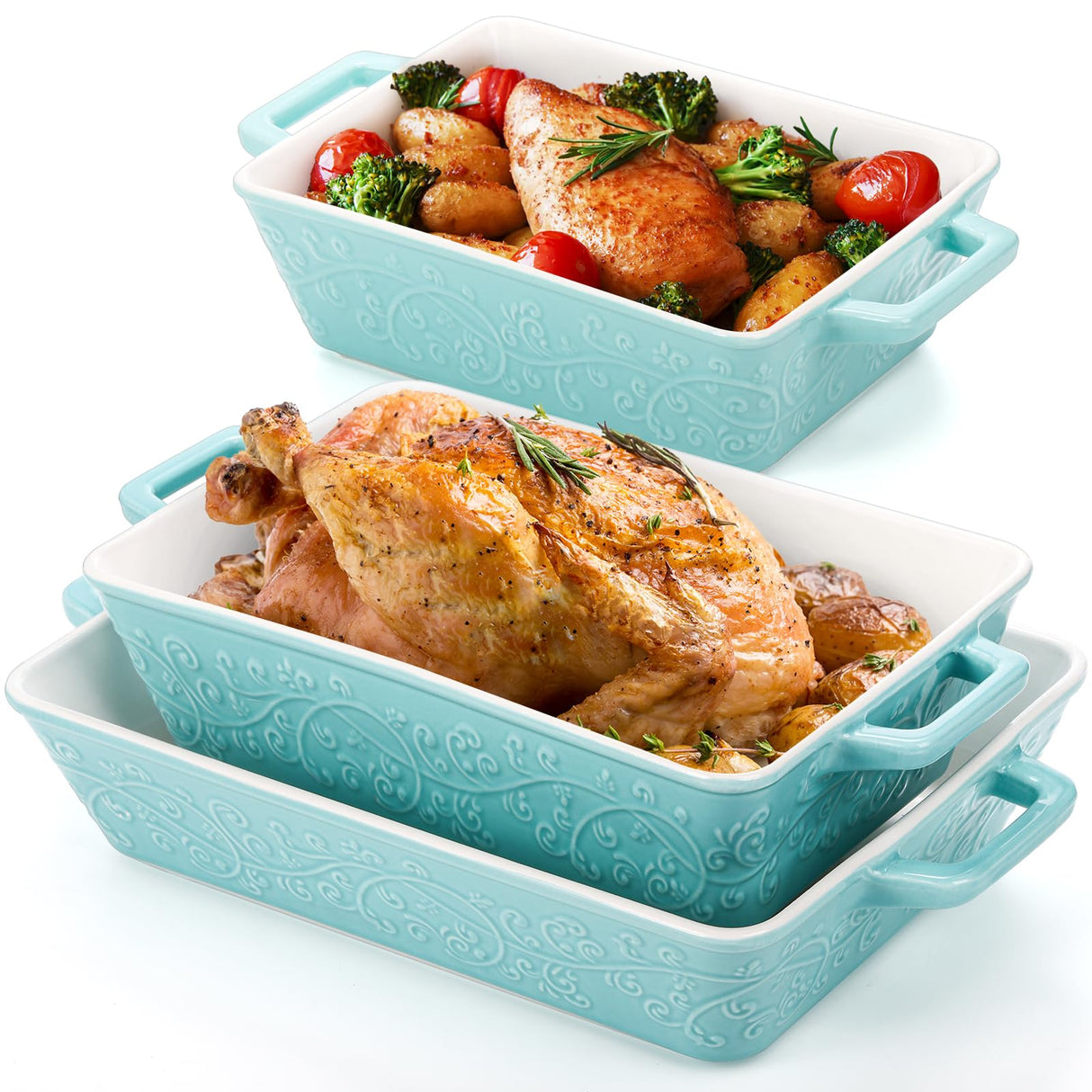 Okllen Set of 3 Casserole Dishes for Oven, Ceramic Baking Dishes with Handles, Rectangular Lasagna Pan Bakeware Set for Baking Cooking, Roasting, Broiling, Gratin, Wedding & Housewarming Gift, Blue Okllen