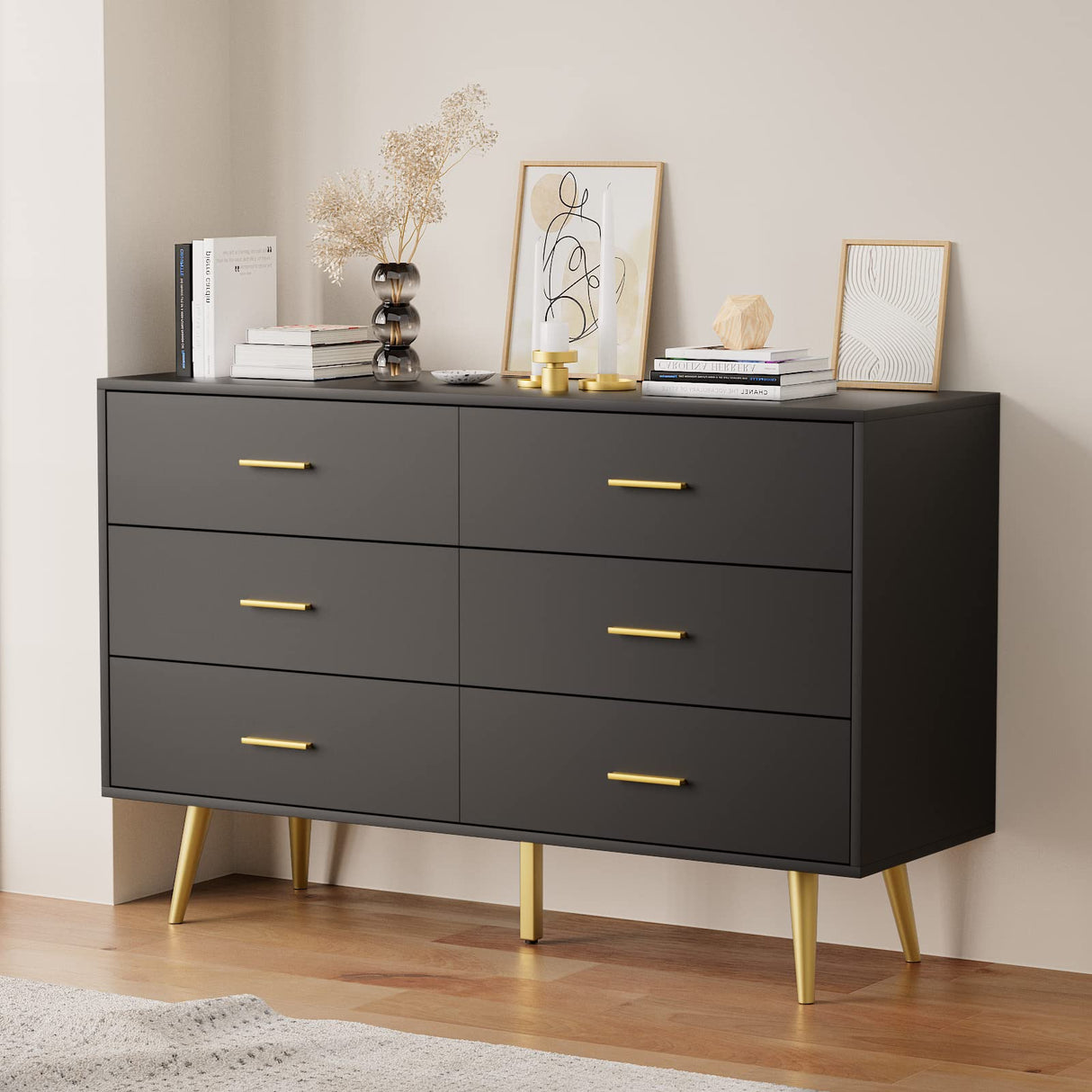 RESOM Black 6 Drawer Dresser for Bedroom, Wooden Black Double Dresser with Gold Handles, Modern Chest Dresser with Deep Drawers for Living Room, Hallway RESOM