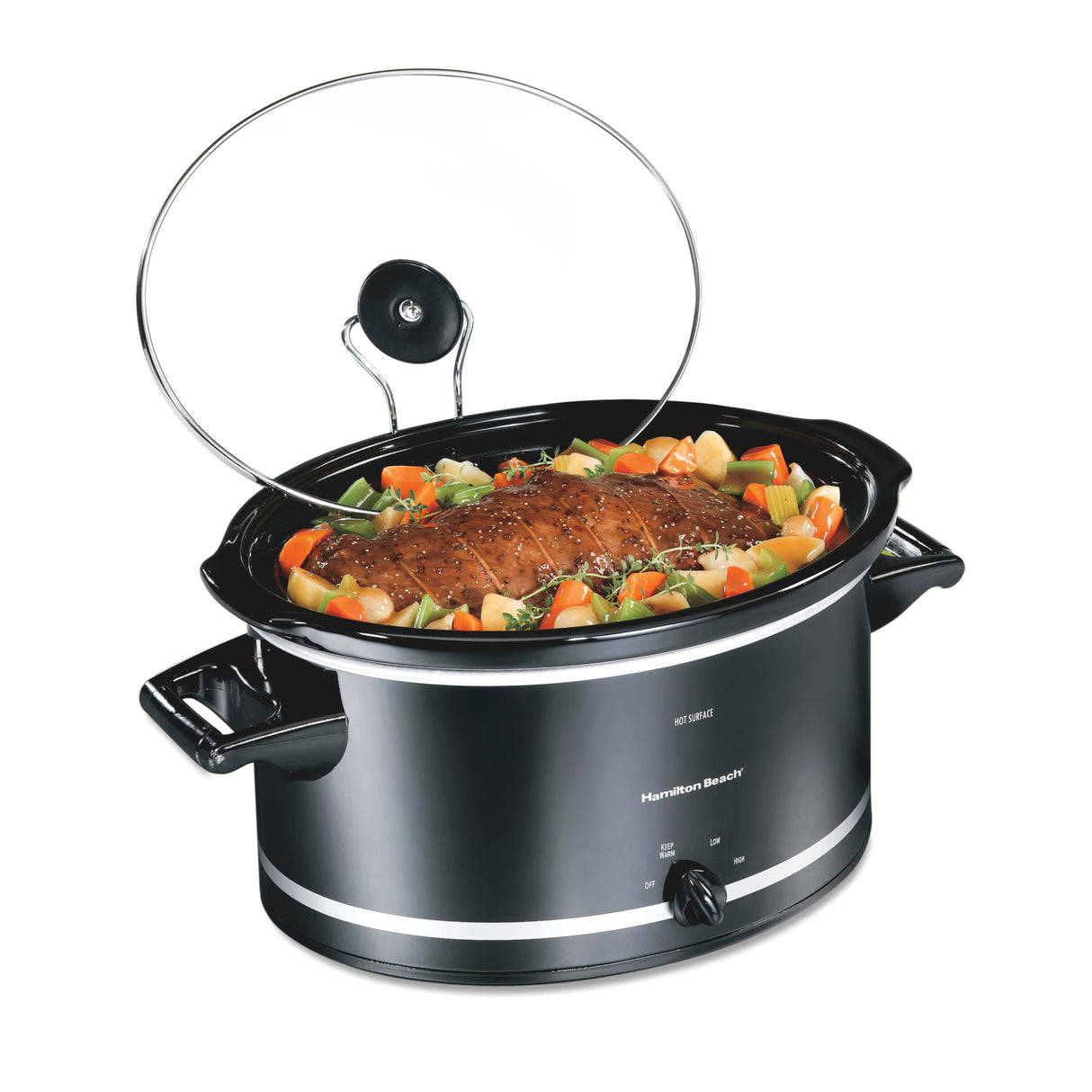 Hamilton Beach Slow Cooker with 3 Cooking Settings, Dishwasher-Safe Stoneware Crock & Glass, 8-Quart Built-In Lid Rest, Black Hamilton Beach