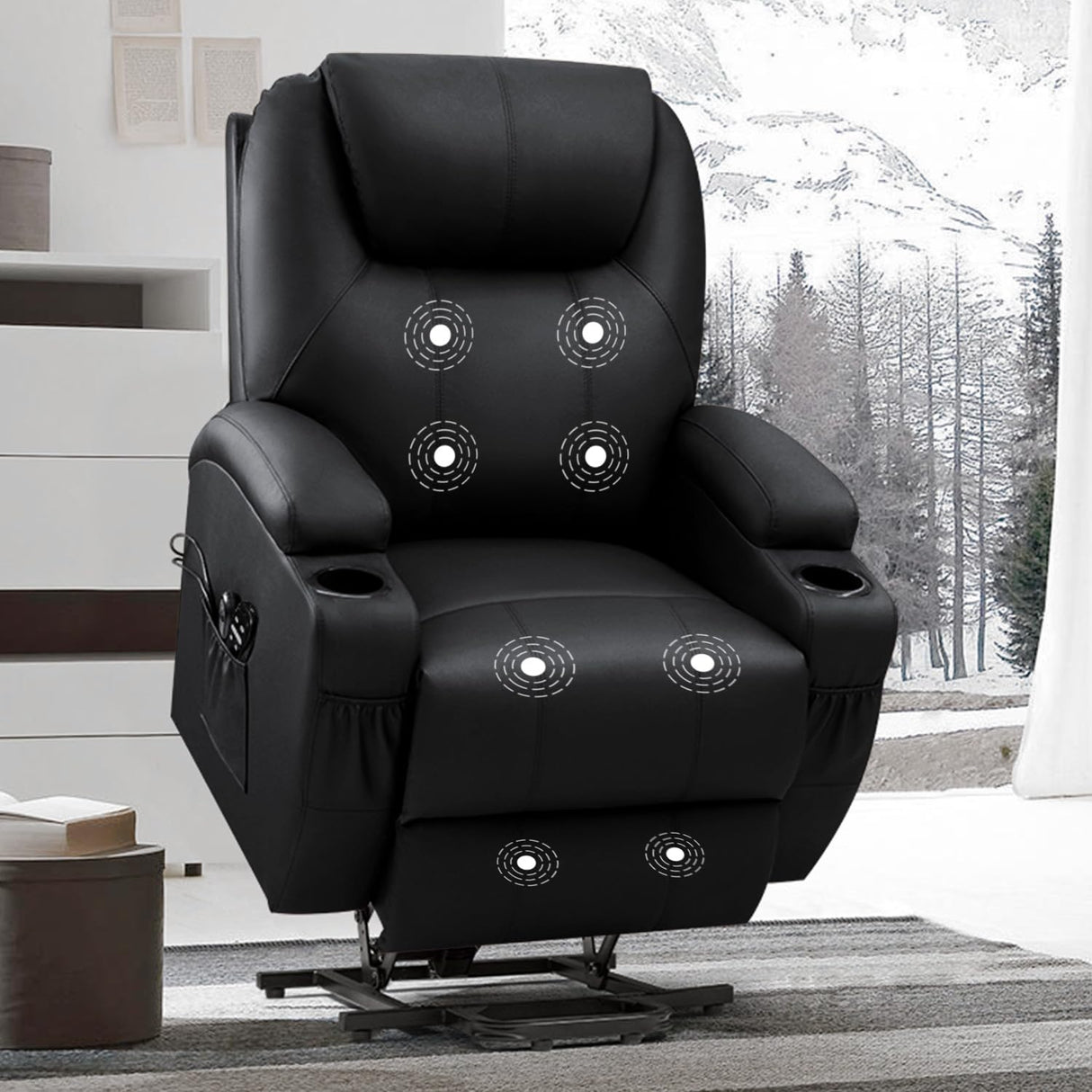 VICTONE Electric Power Lift Recliner Chair for Elderly Reclining Sofa for Living Room with Massage, Side Pockets and Cup Holders (Leather, Black) VICTONE