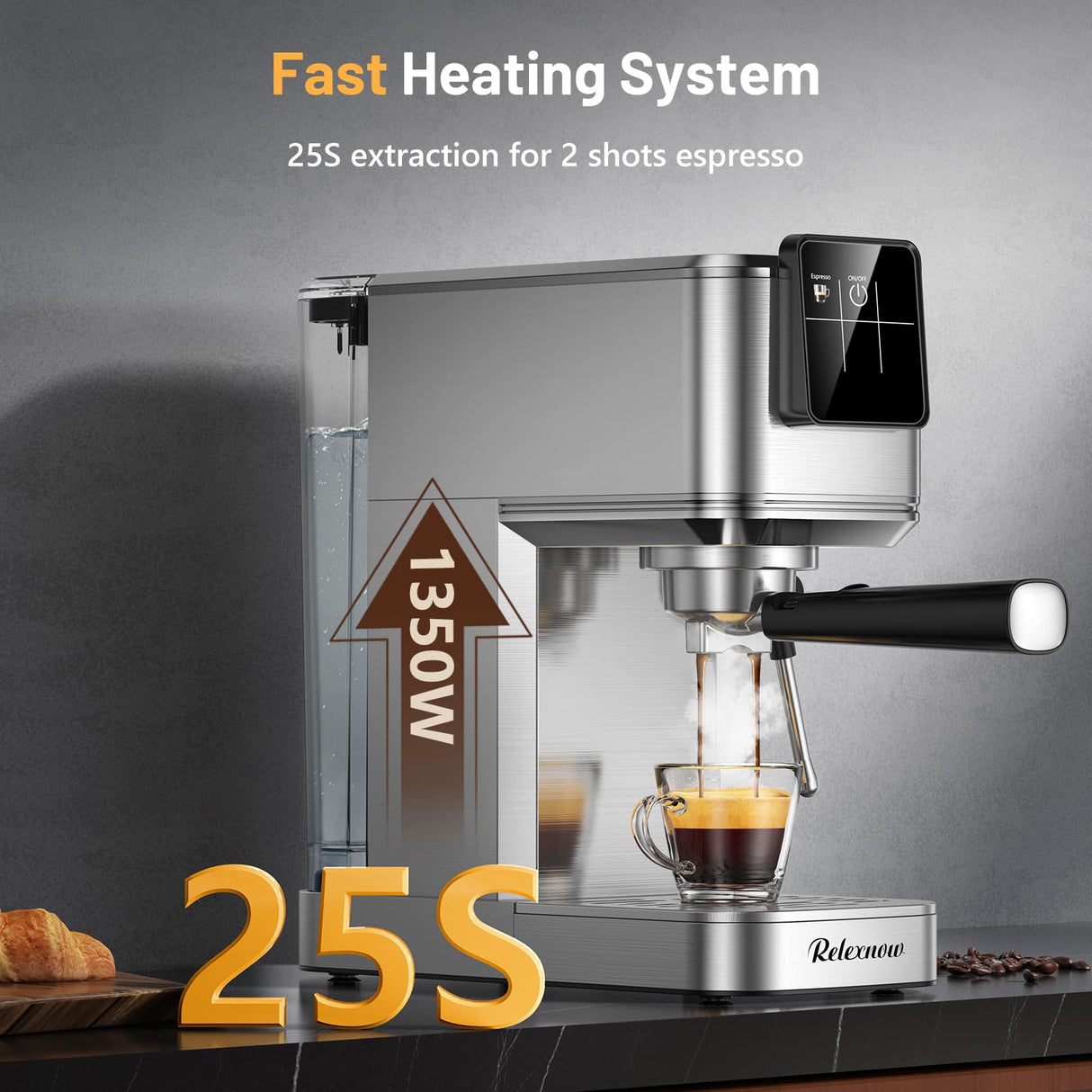 RELEXNOW Espresso Machine, 20 Bar Espresso Maker Milk Frother & LCD Panel, Hot & Iced Coffee Machine, Stainless Steel Espresso Coffee Machine with 41oz Water Tank for Cappuccino, Latte RELEXNOW